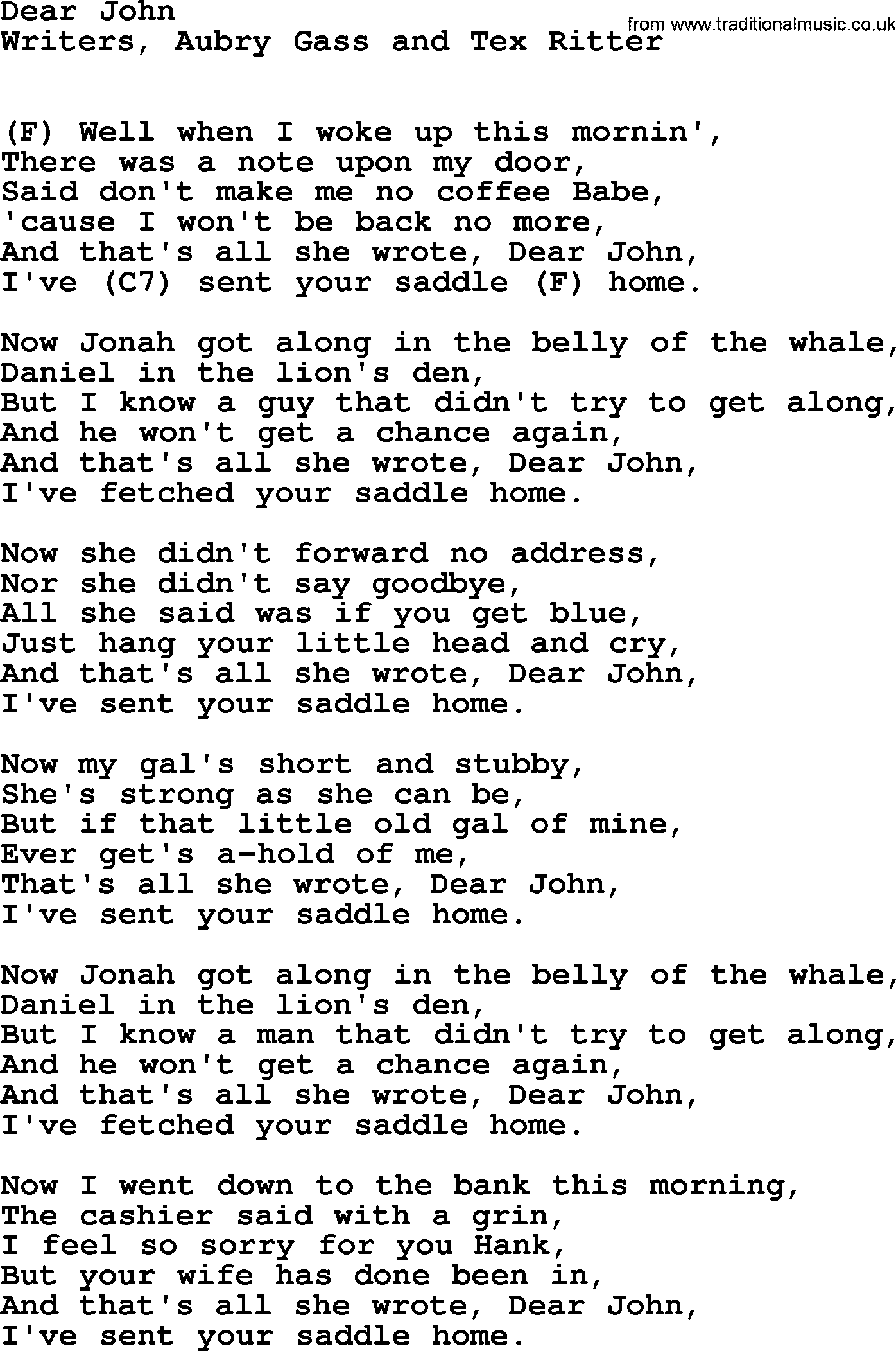 Hank Williams song Dear John, lyrics and chords