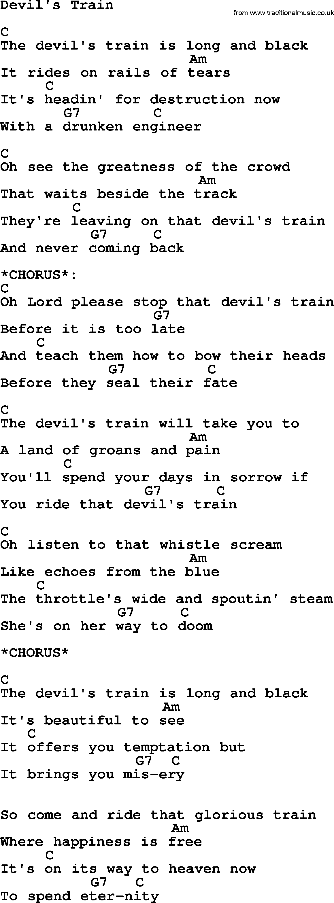 Hank Williams song Devil's Train, lyrics and chords