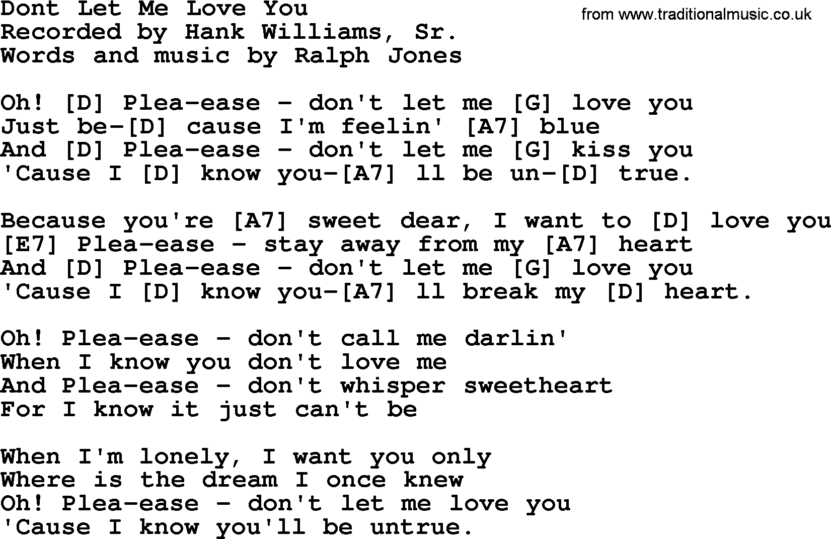Hank Williams song Dont Let Me Love You, lyrics and chords