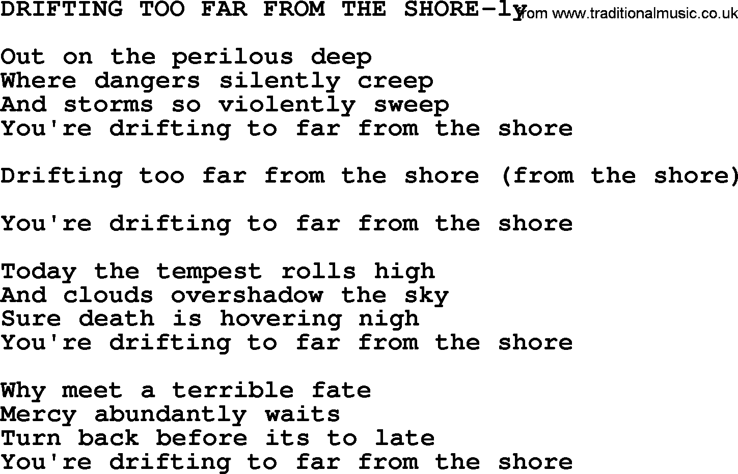 Hank Williams song Drifting Too Far From The Shore, lyrics