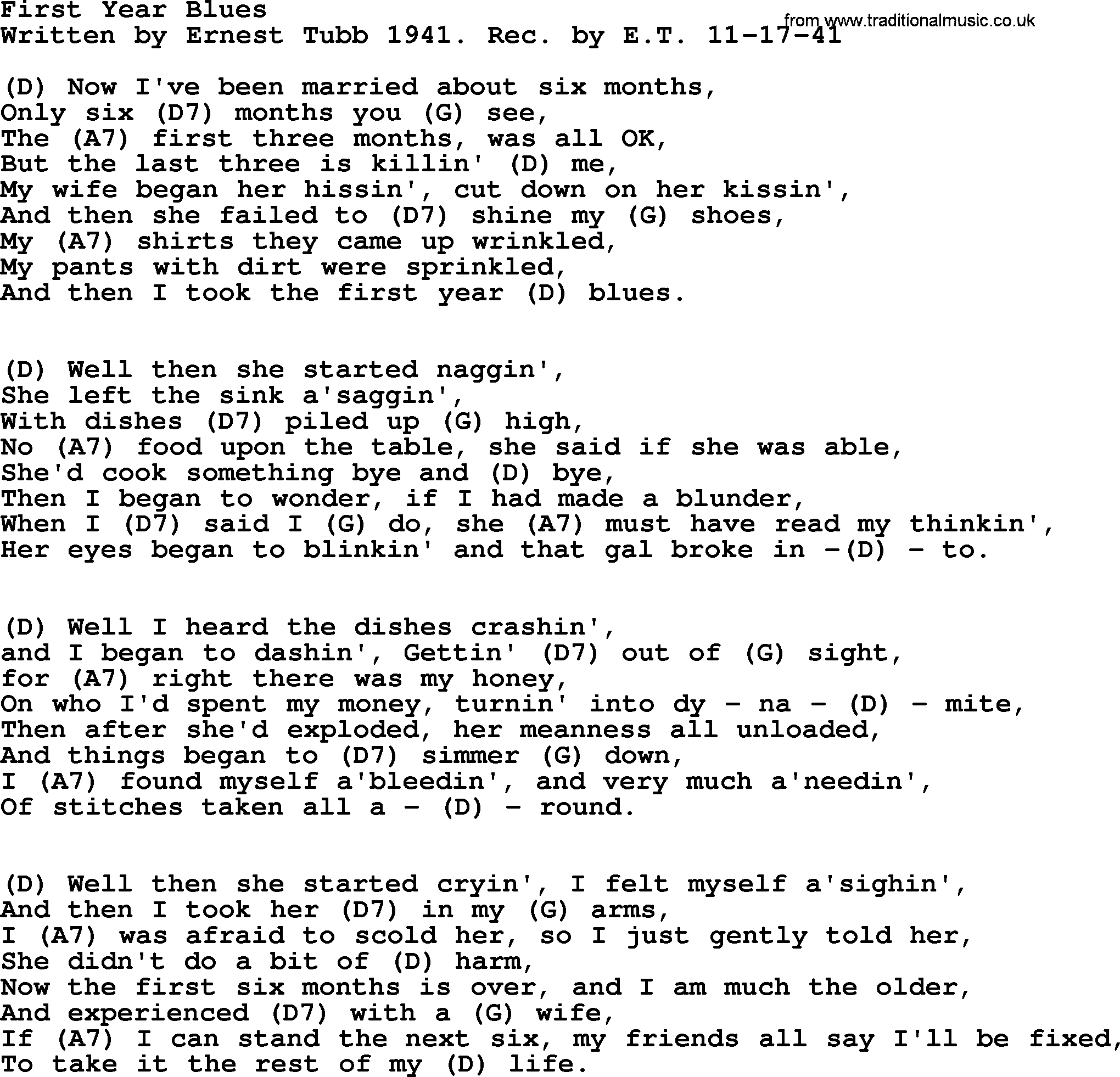 Hank Williams song First Year Blues, lyrics and chords