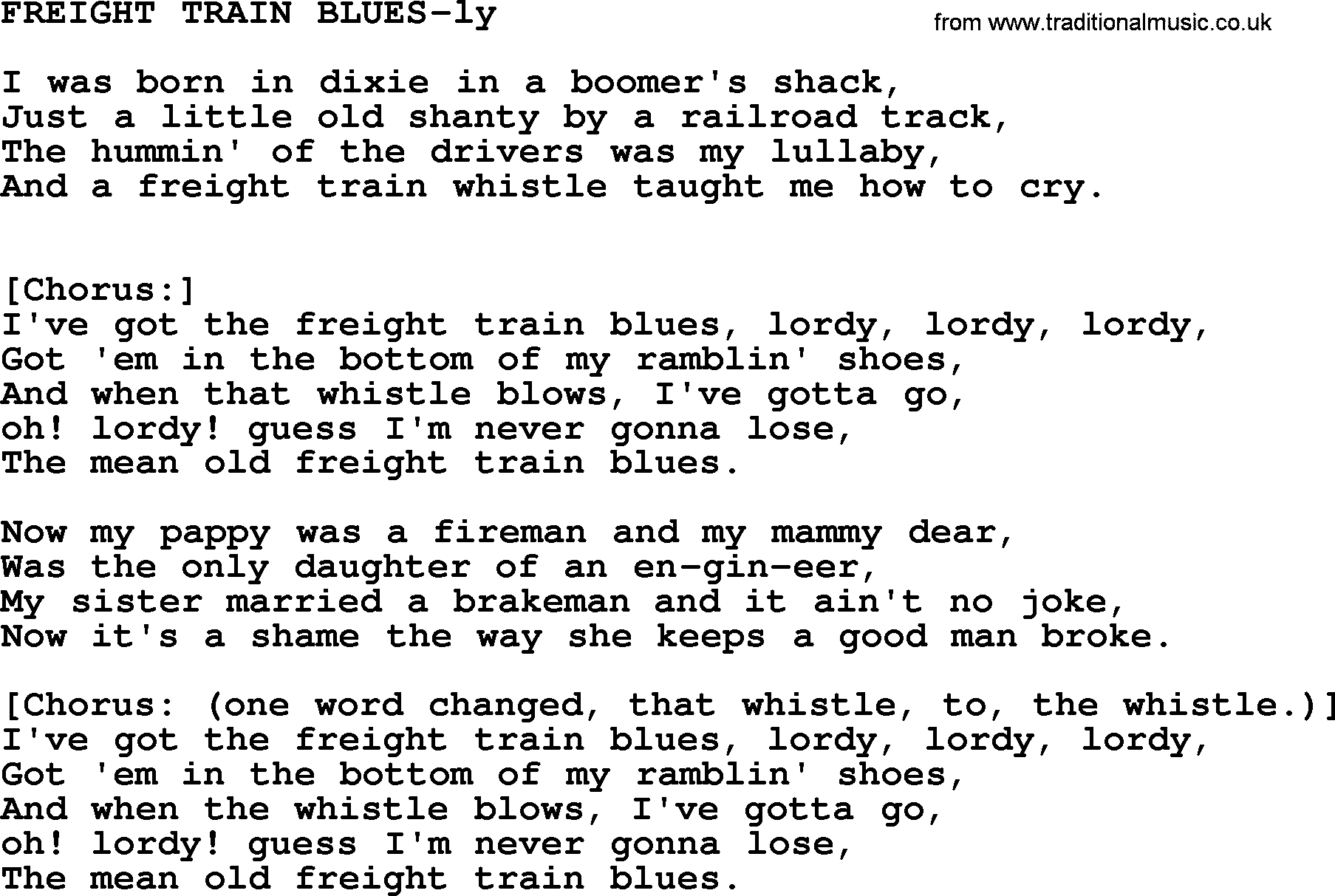 Hank Williams song Freight Train Blues, lyrics