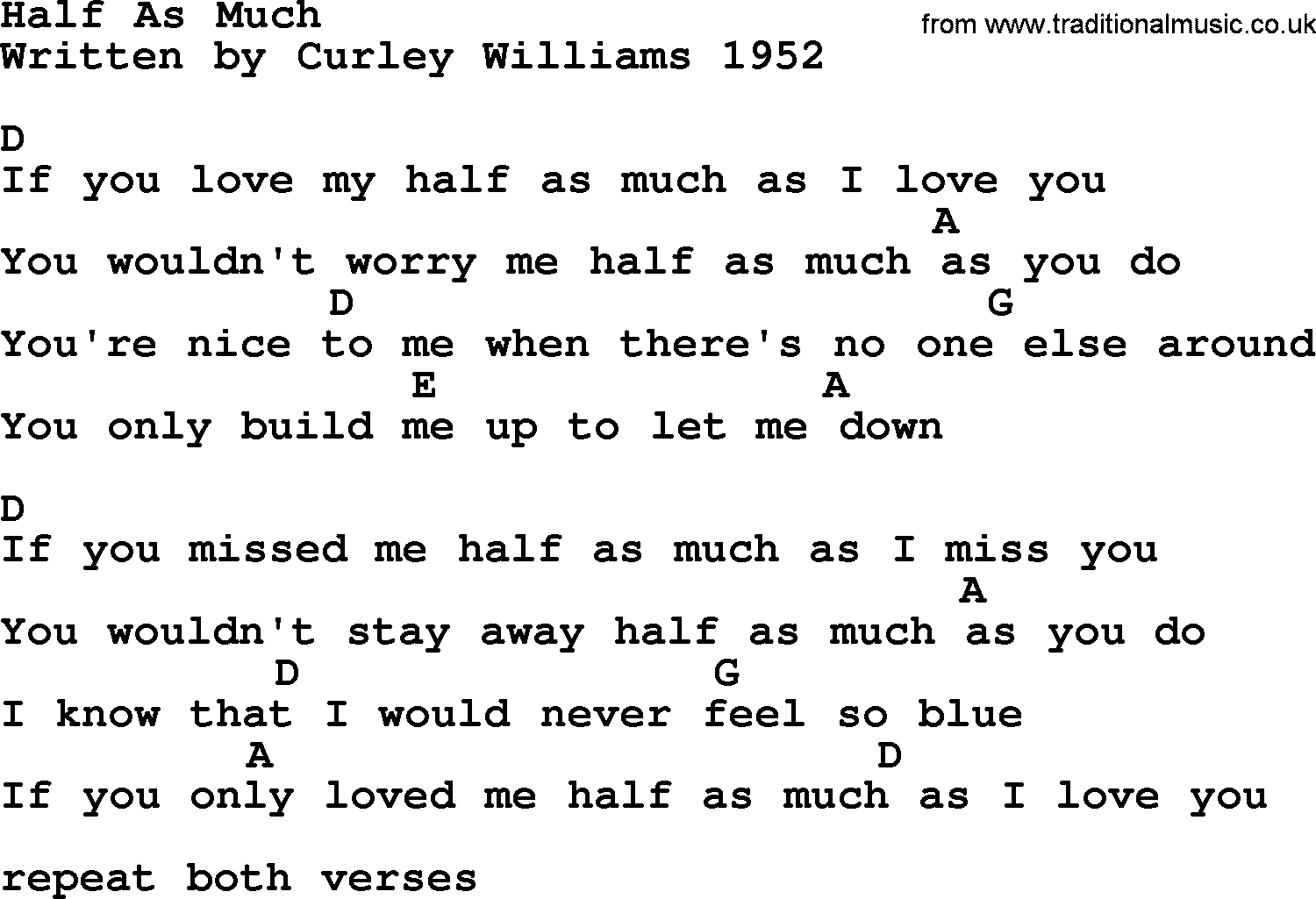 Hank Williams song Half As Much, lyrics and chords