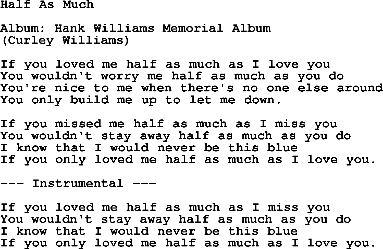 Hank Williams song Half As Much, lyrics