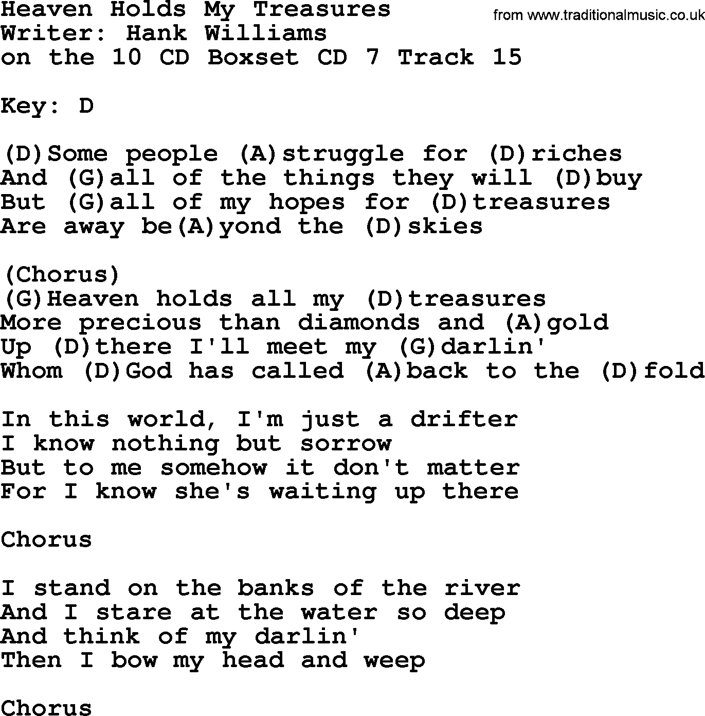 Hank Williams song Heaven Holds My Treasures, lyrics and chords
