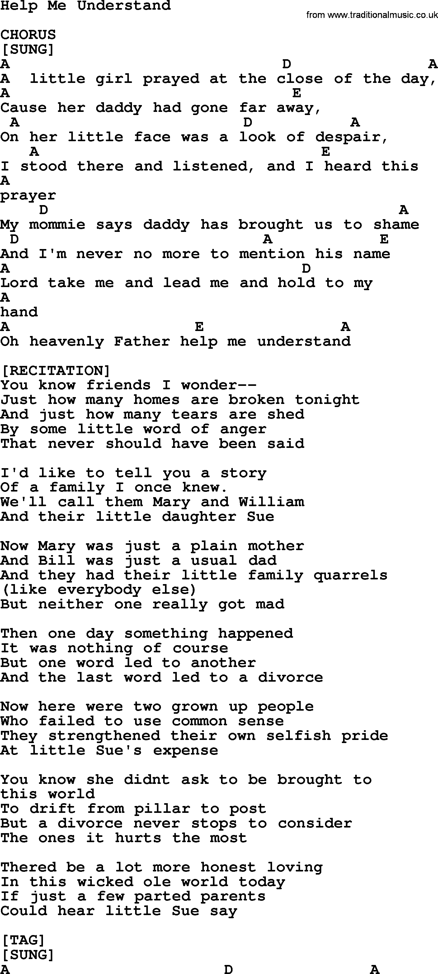 Hank Williams song Help Me Understand, lyrics and chords