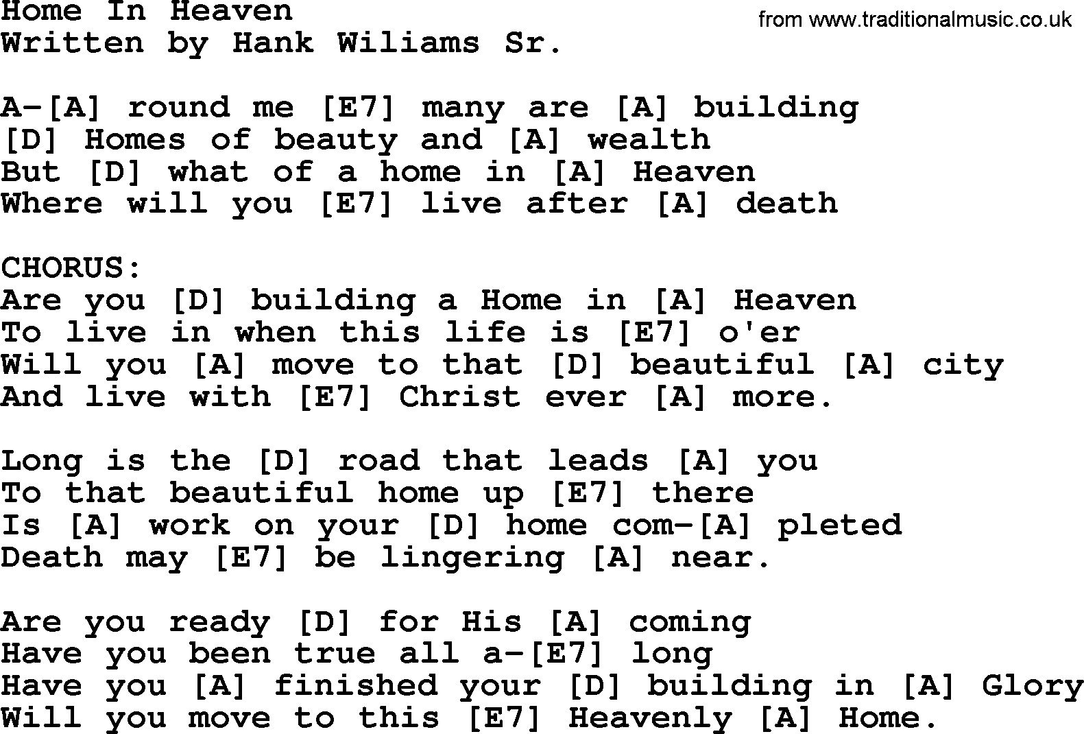 Hank Williams song Home In Heaven, lyrics and chords