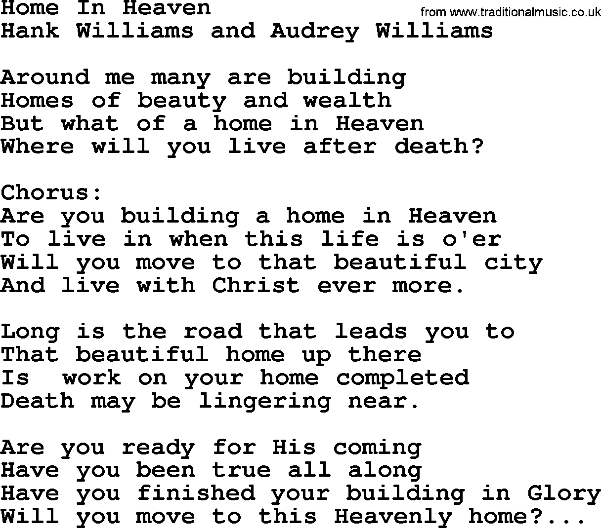 Hank Williams song Home In Heaven, lyrics