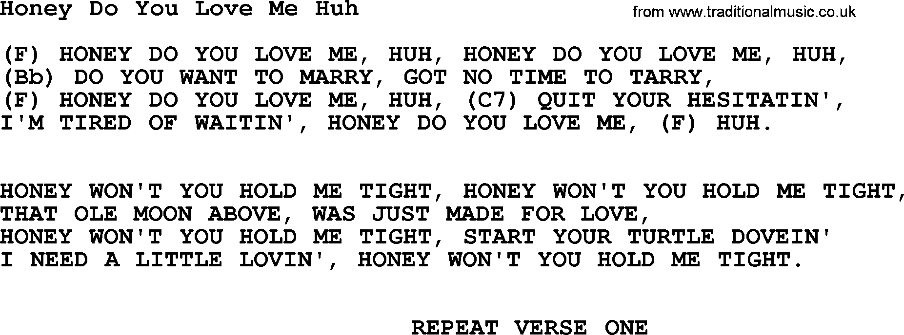 Hank Williams song Honey Do You Love Me Huh, lyrics and chords
