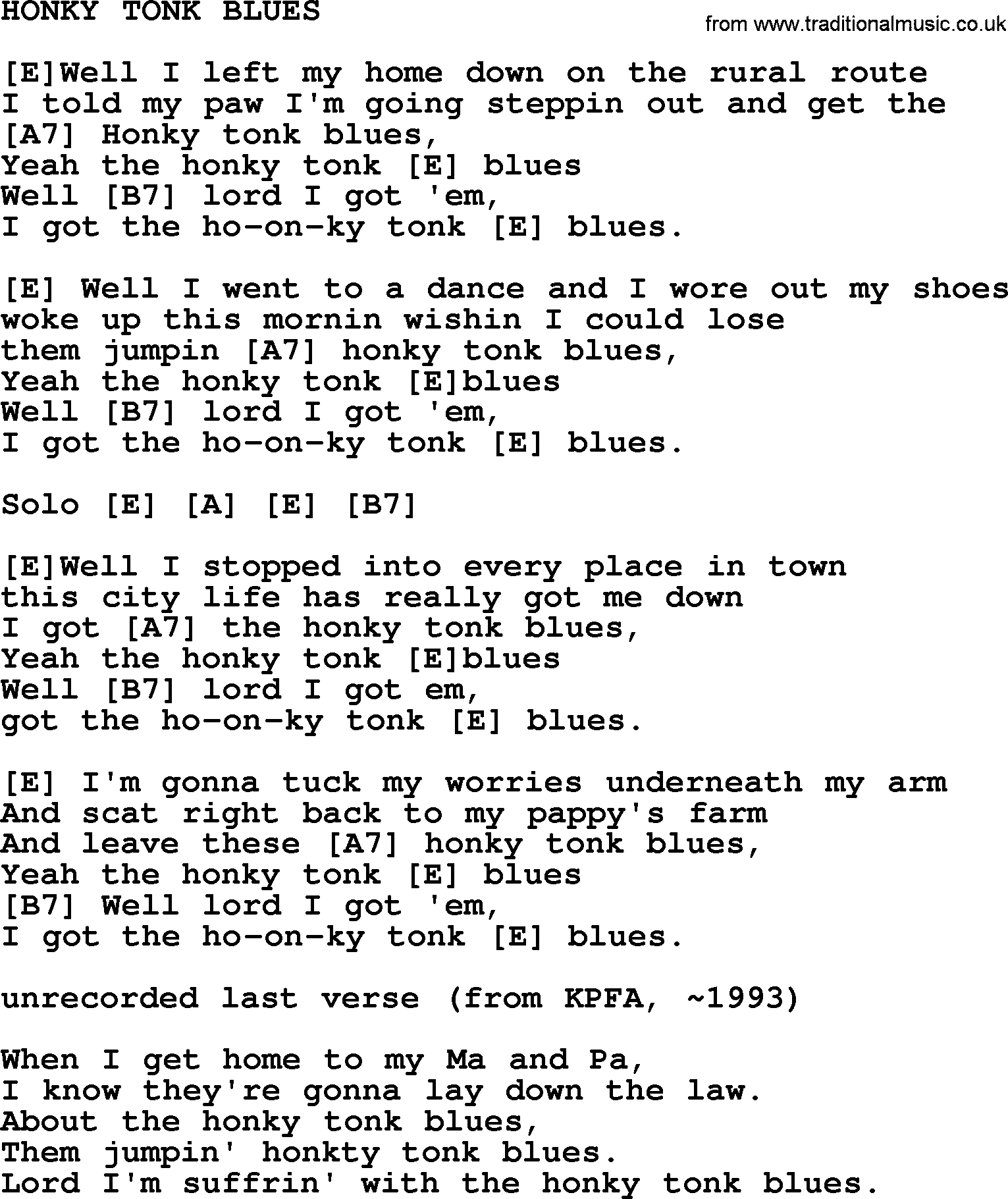 Hank Williams song Honky Tonk Blues, lyrics and chords