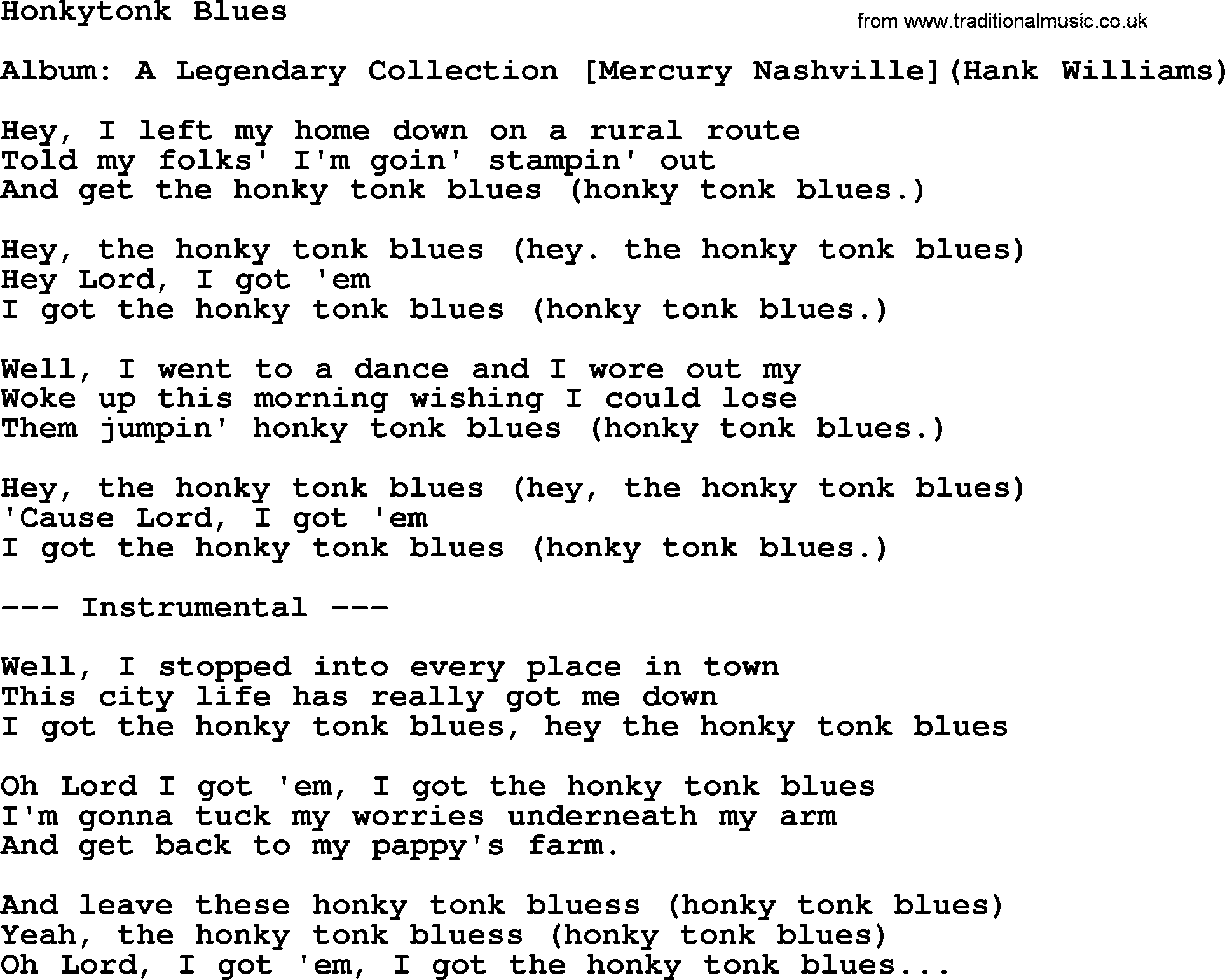 Hank Williams song Honkytonk Blues, lyrics