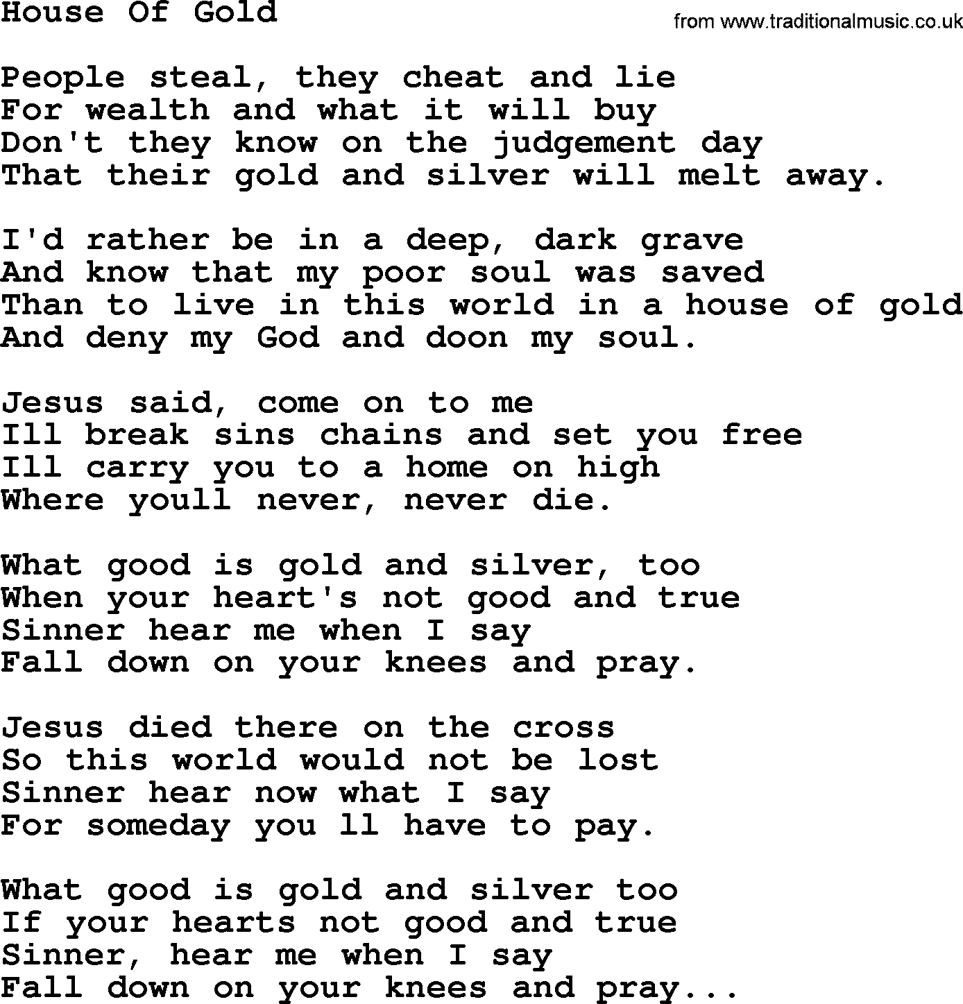 Hank Williams song House Of Gold, lyrics
