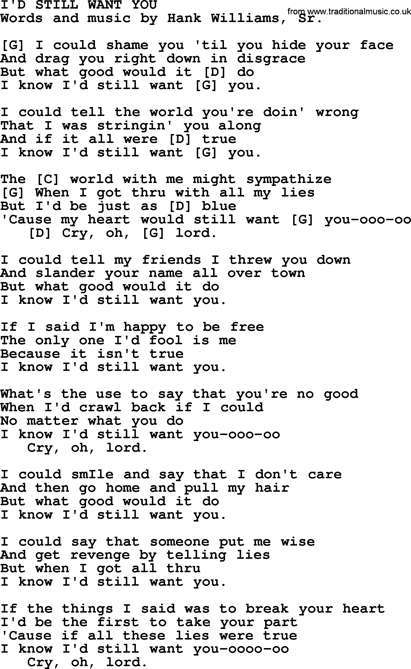 Hank Williams song I'd Still Want You, lyrics and chords