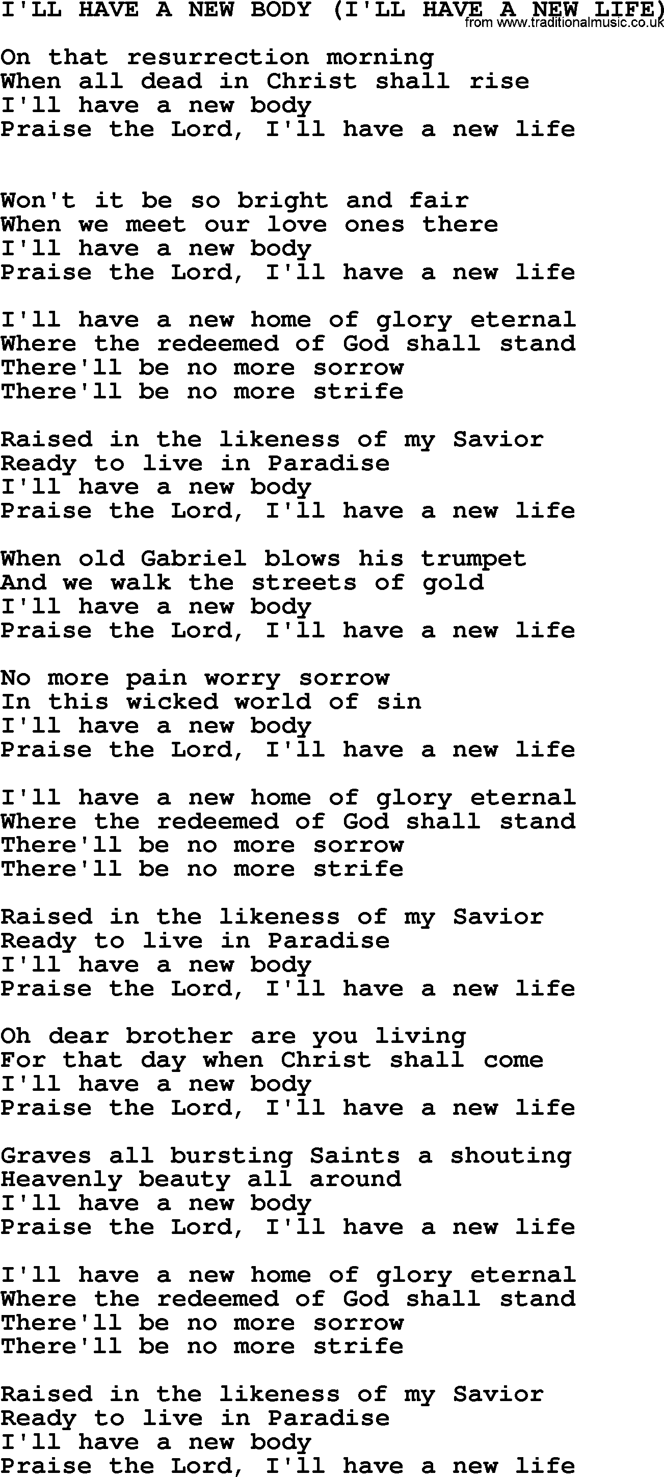 Hank Williams song I'll Have A New Body (i'll Have A New Life), lyrics