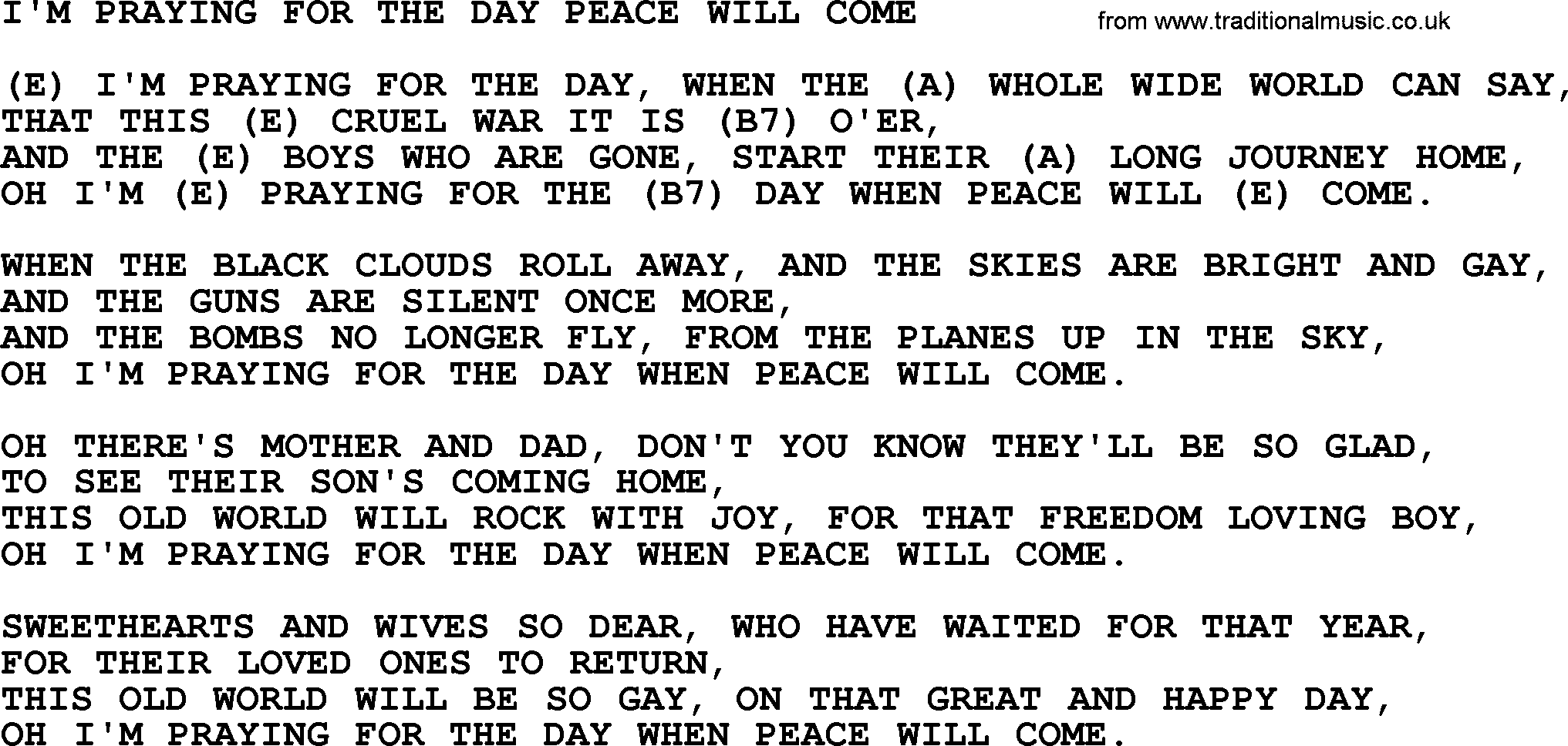 Hank Williams song I'm Praying For The Day Peace Will Come, lyrics and chords