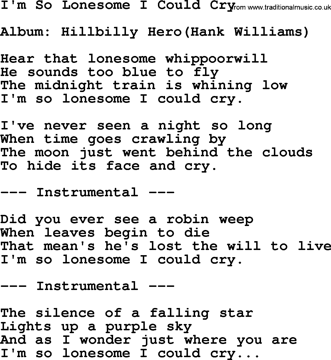 Hank Williams song I'm So Lonesome I Could Cry, lyrics