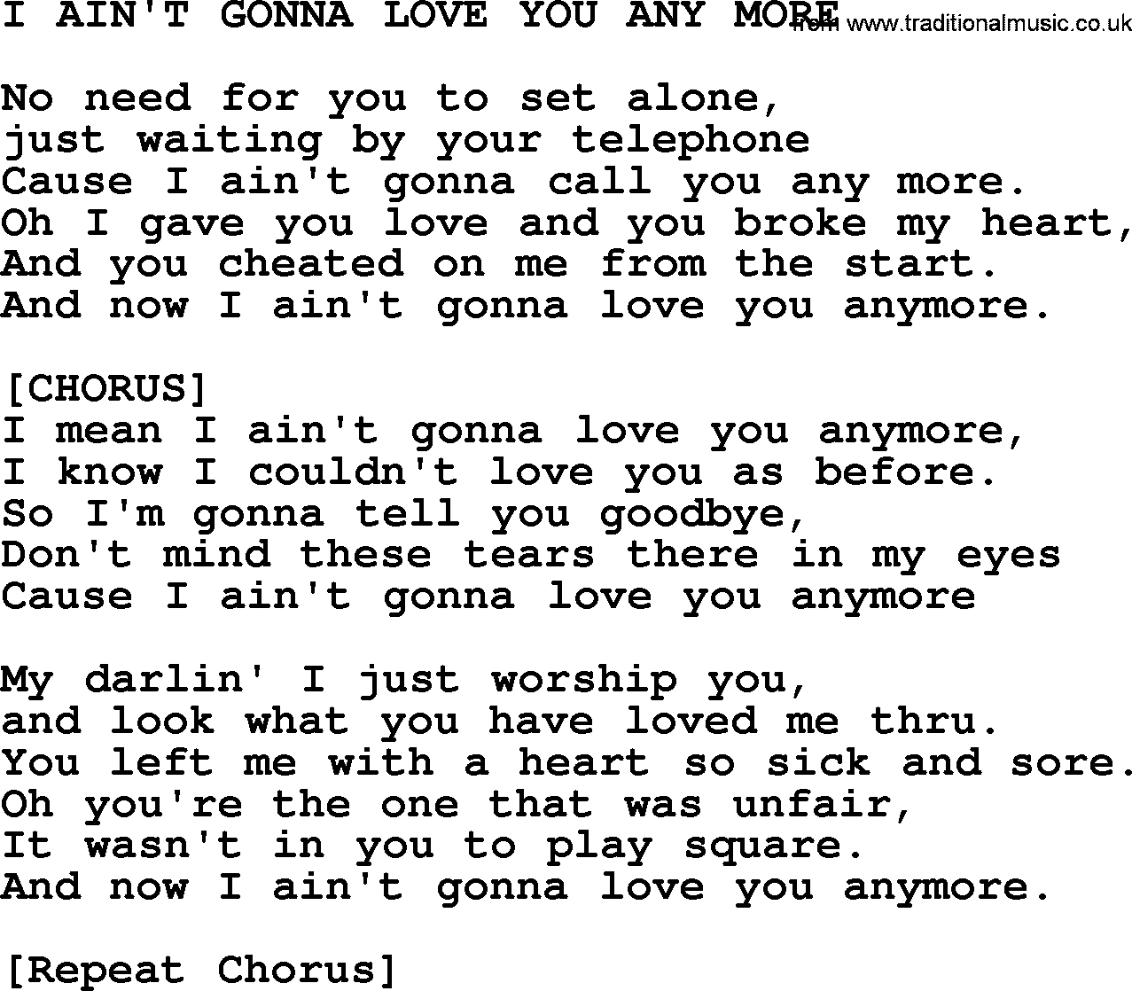 Hank Williams song I Ain't Gonna Love You Any More, lyrics