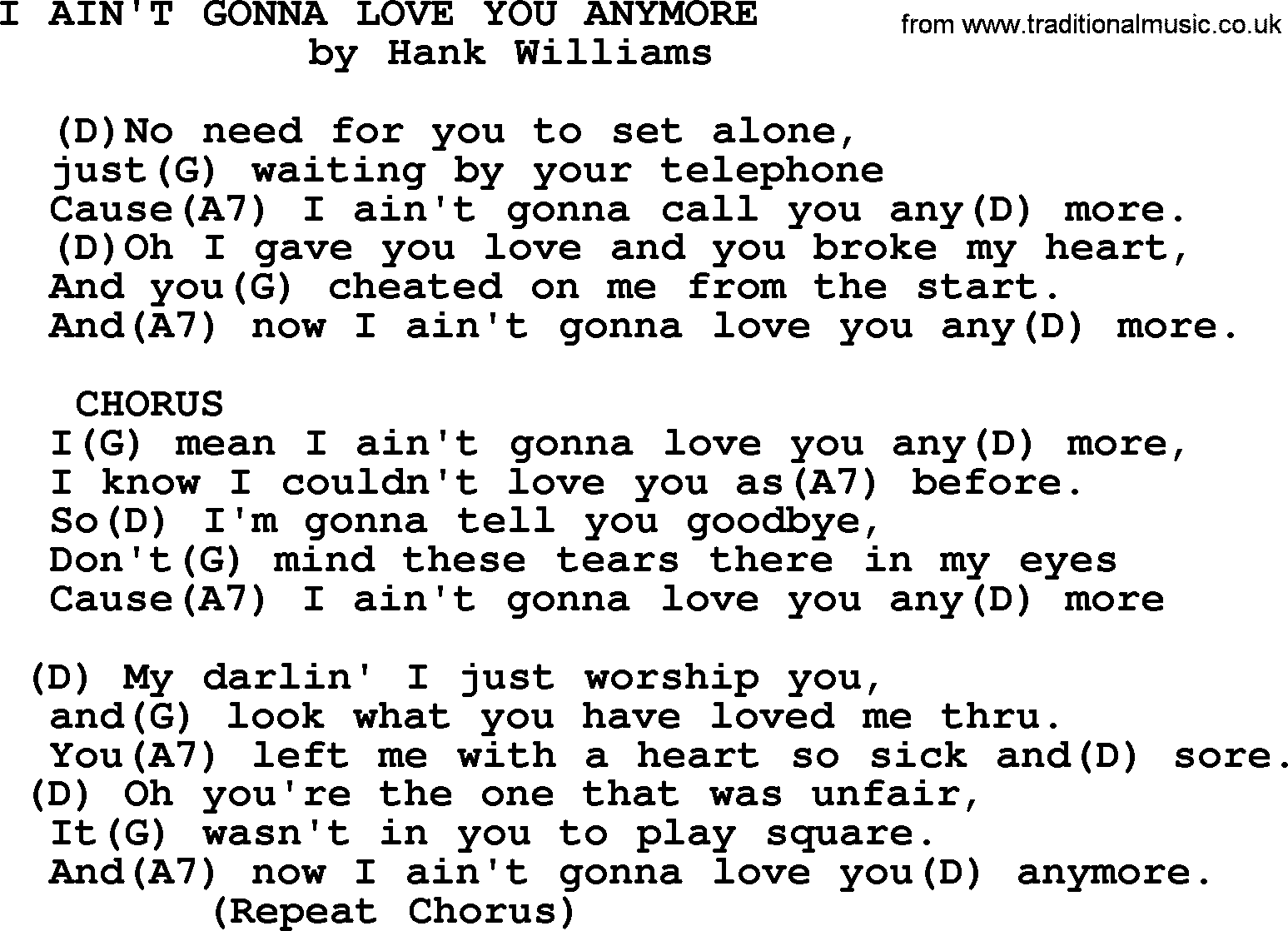 Hank Williams song I Ain't Gonna Love You Anymore, lyrics and chords