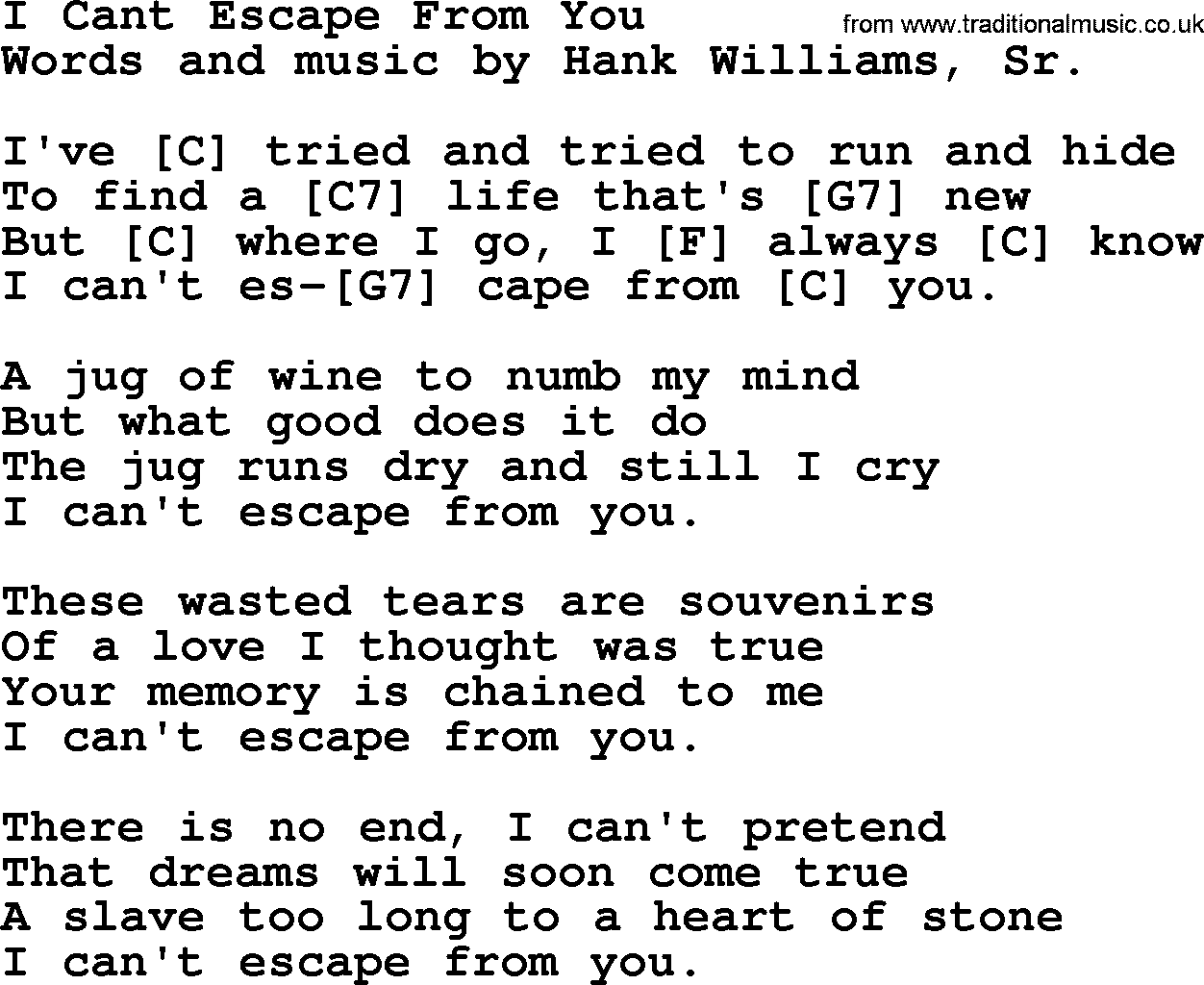 Hank Williams song I Cant Escape From You, lyrics and chords