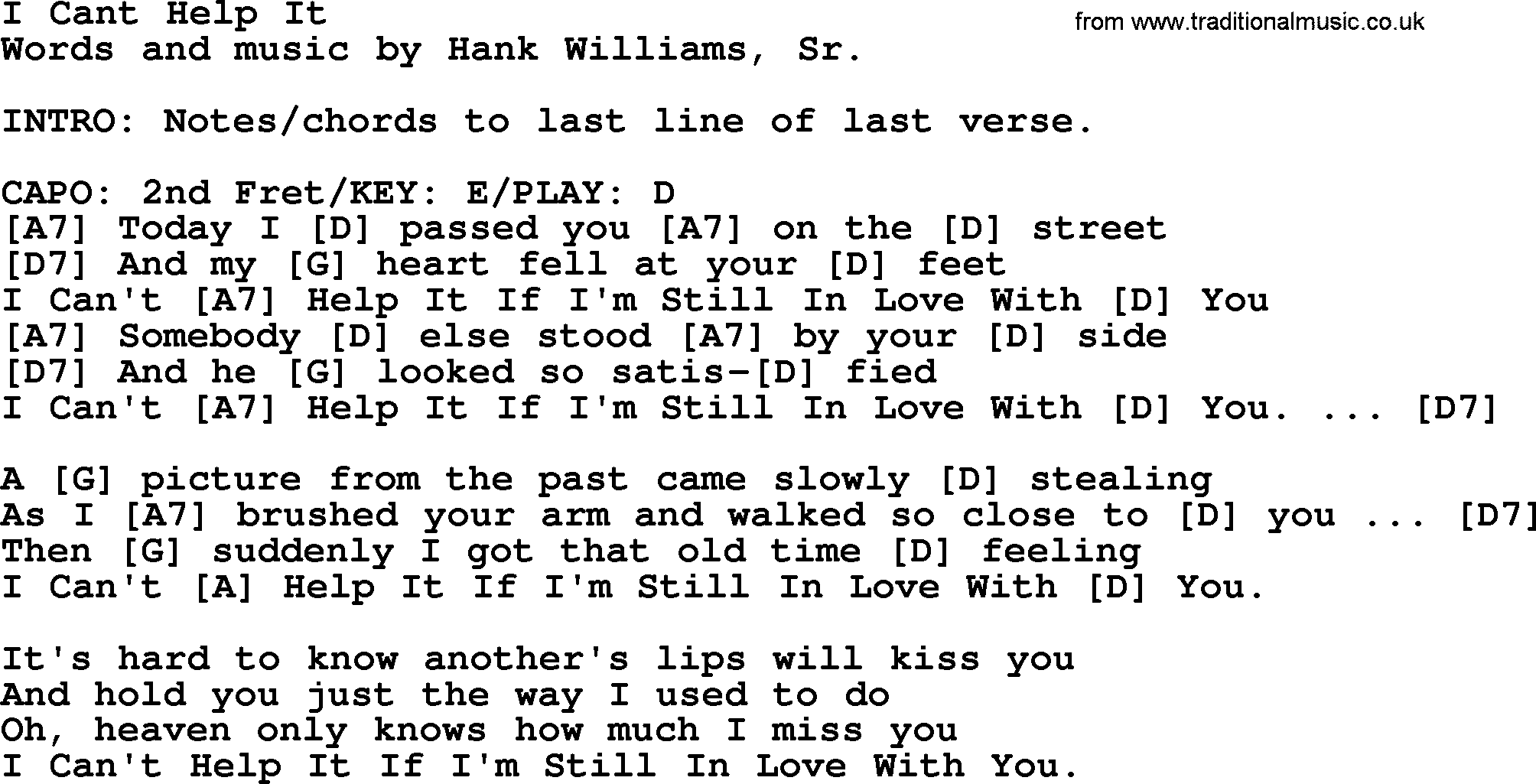 Hank Williams song I Cant Help It, lyrics and chords