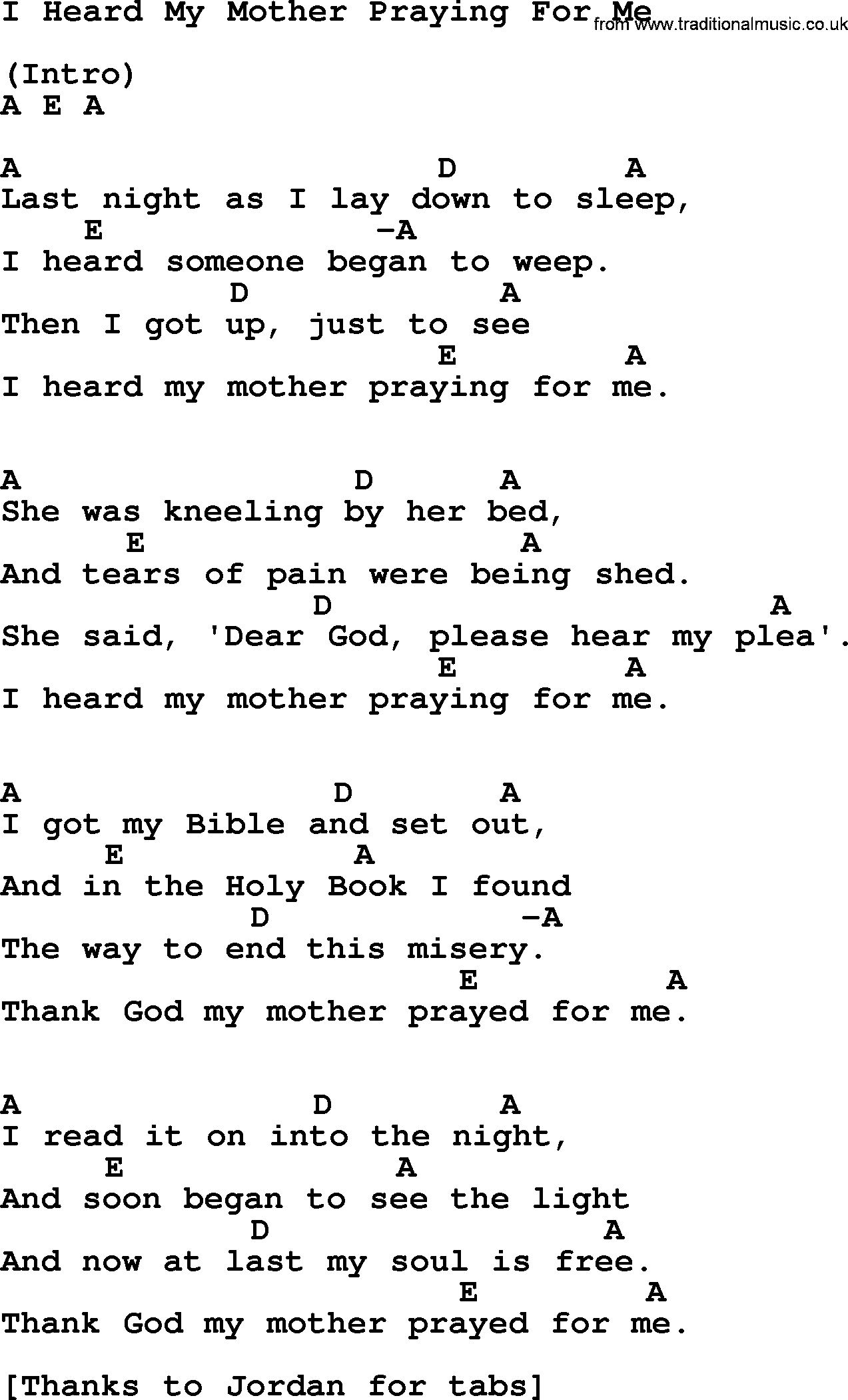 Hank Williams song I Heard My Mother Praying For Me, lyrics and chords