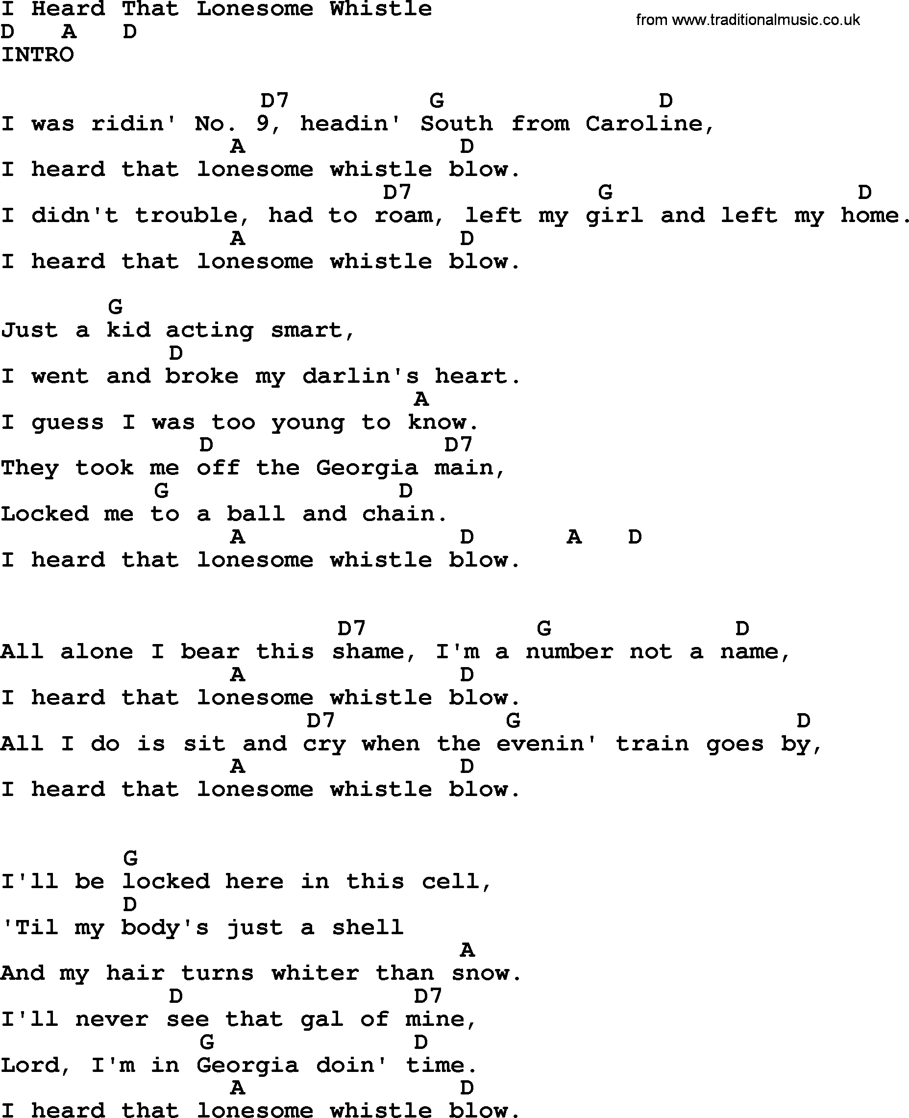 Hank Williams song I Heard That Lonesome Whistle, lyrics and chords