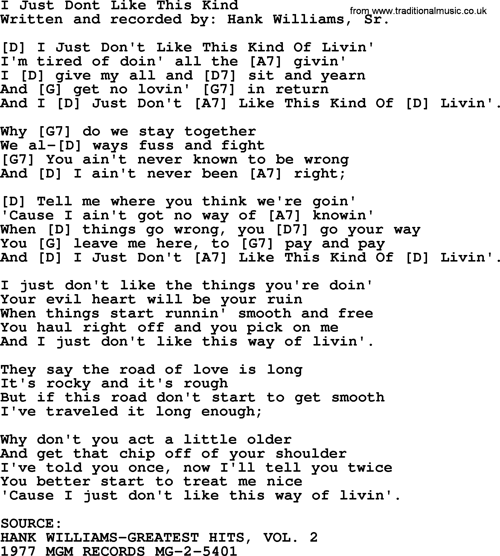 Hank Williams song I Just Dont Like This Kind, lyrics and chords