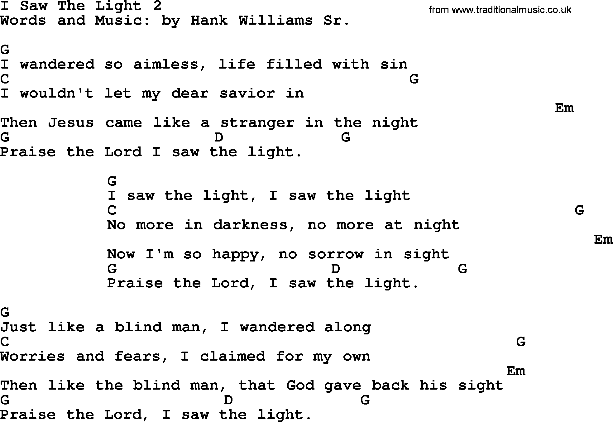 Hank Williams song I Saw The Light, lyrics and chords