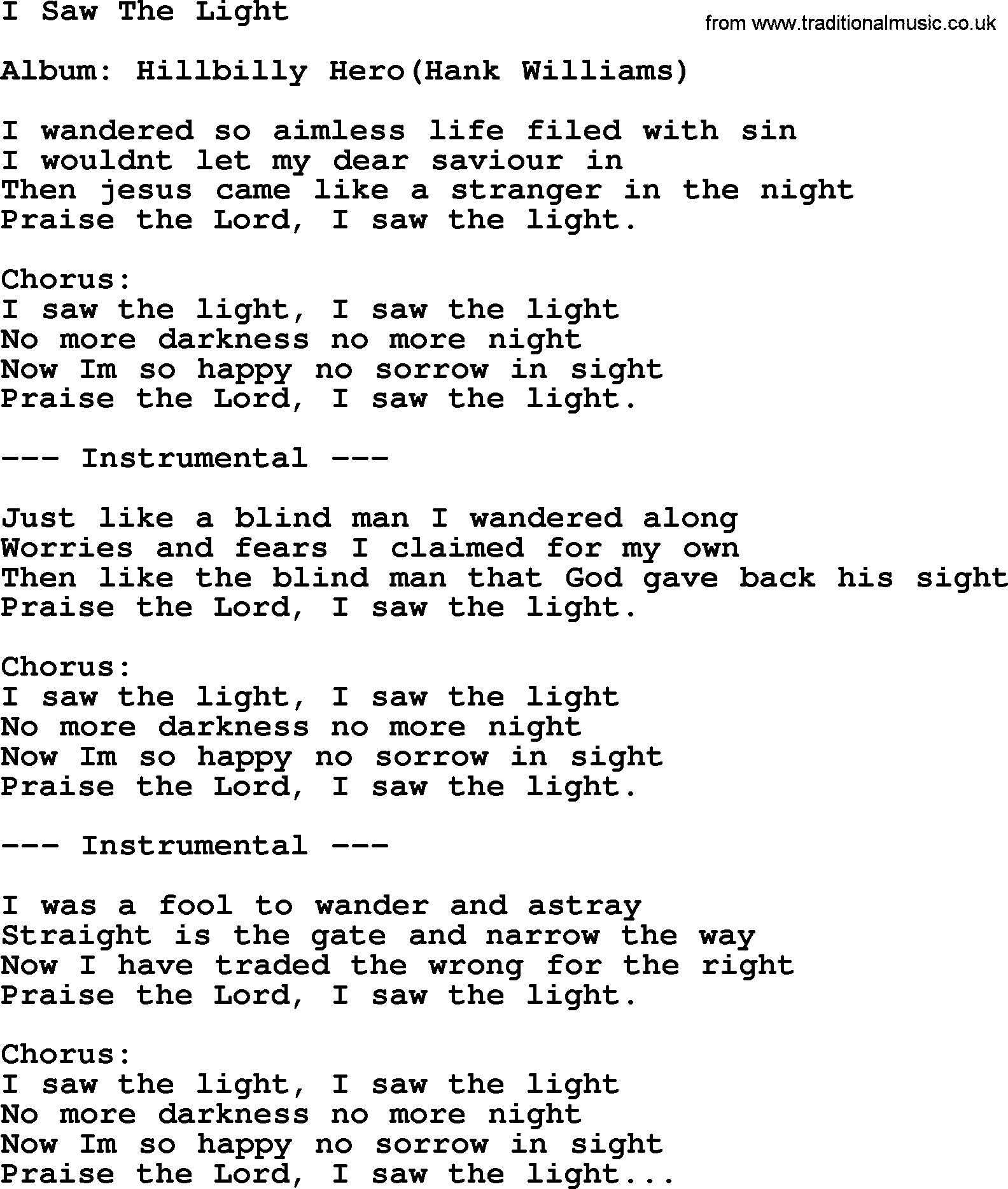 Hank Williams song I Saw The Light, lyrics