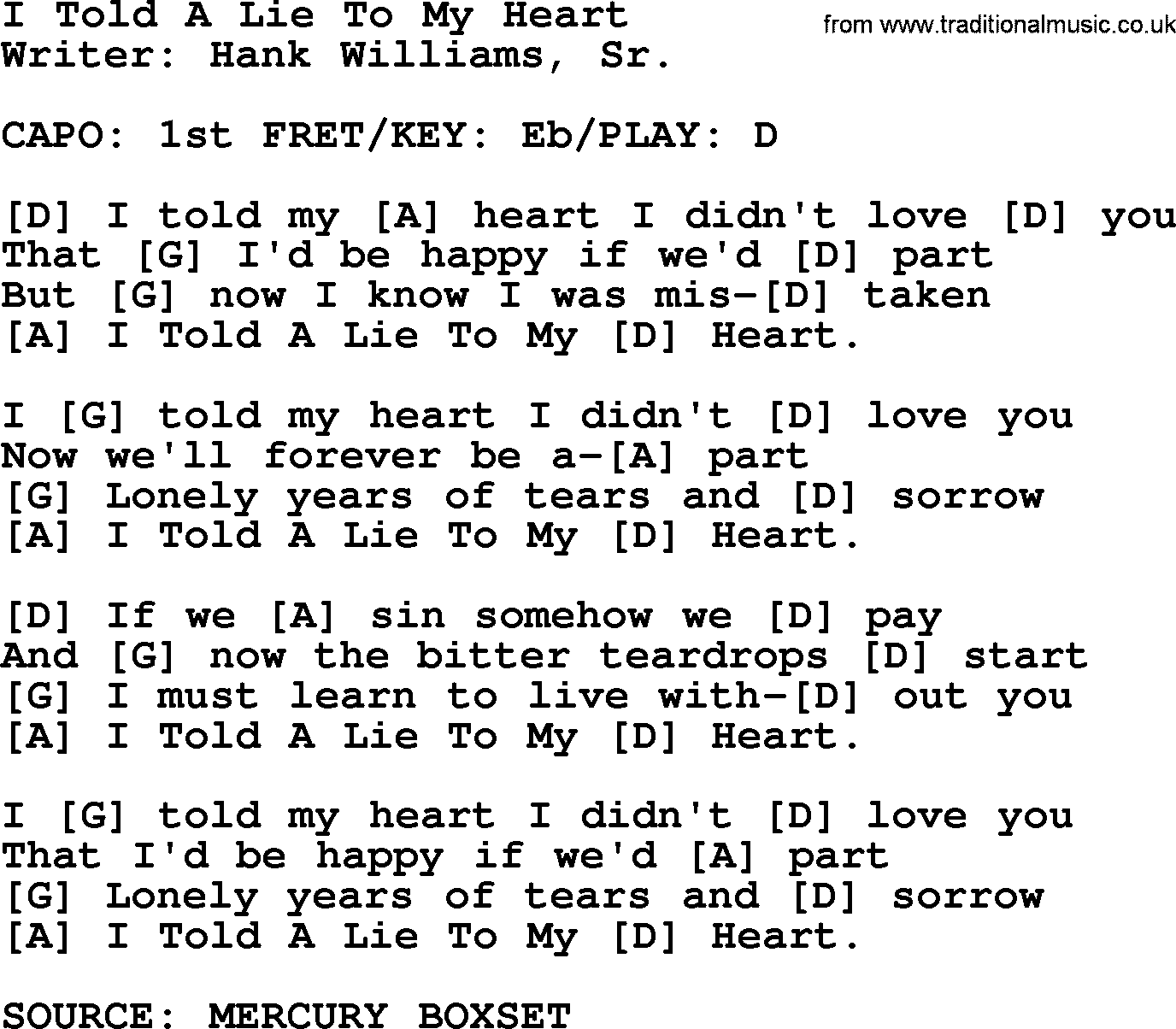 Hank Williams song I Told A Lie To My Heart, lyrics and chords