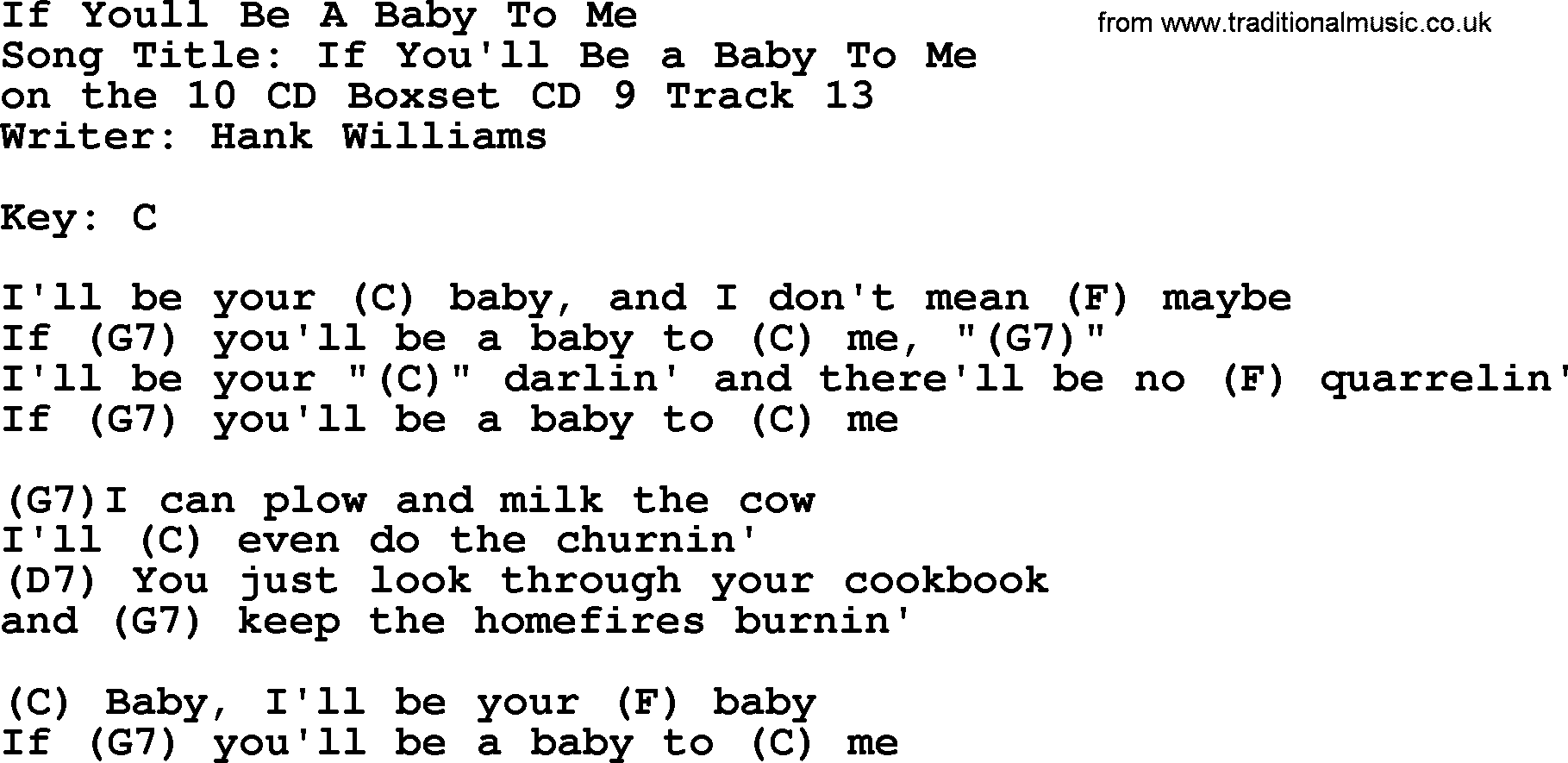 Hank Williams song If Youll Be A Baby To Me, lyrics and chords