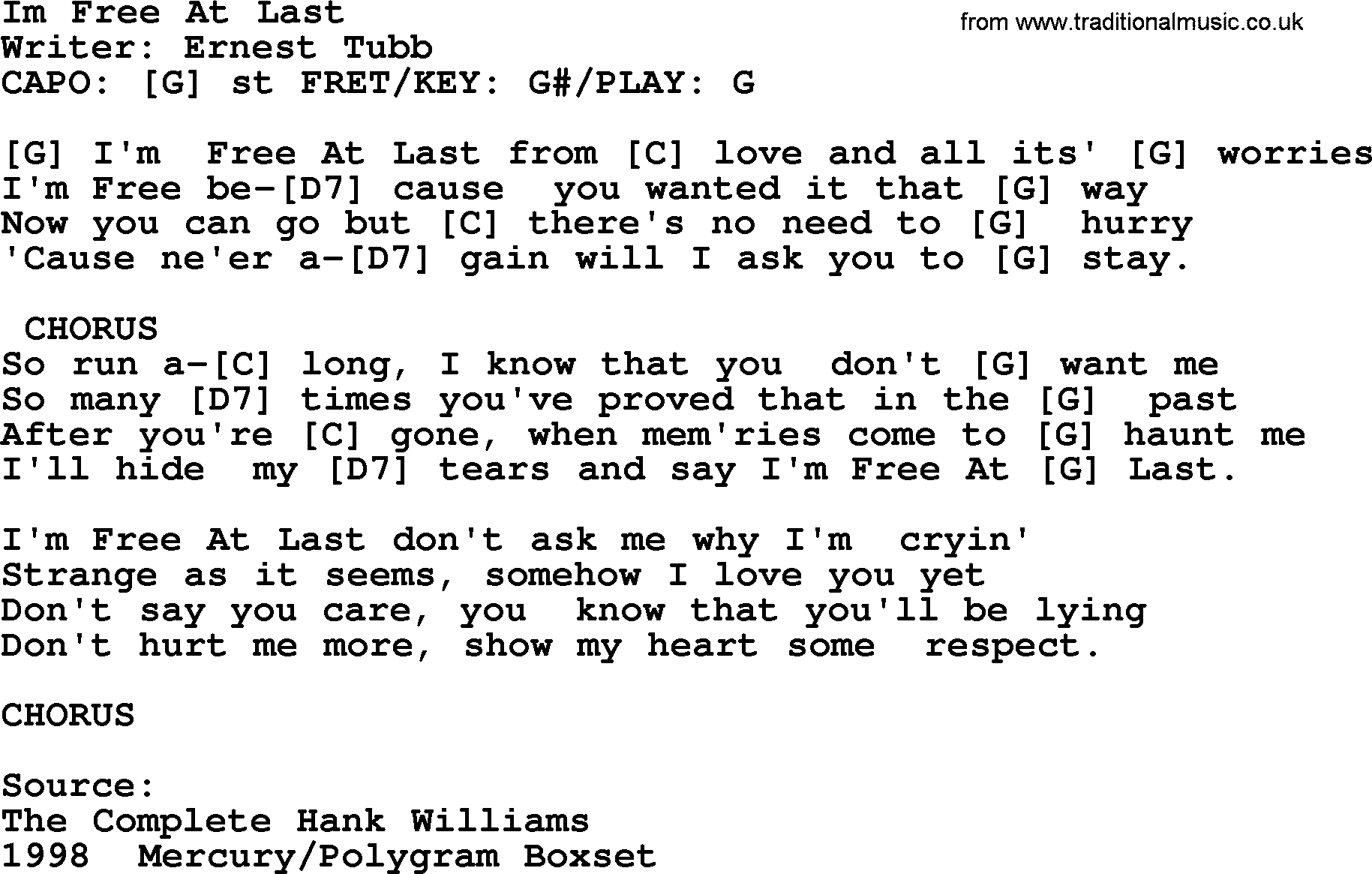 Hank Williams song Im Free At Last, lyrics and chords