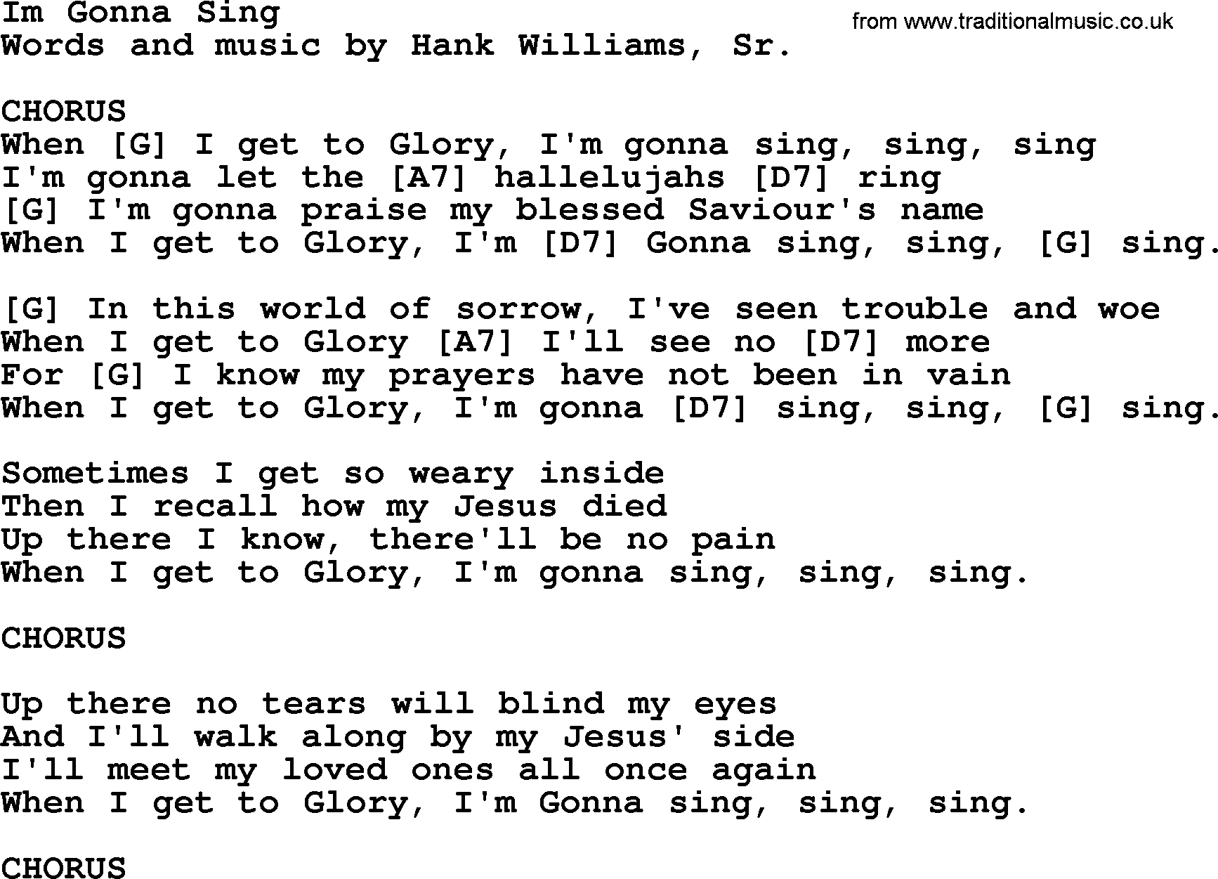 Hank Williams song Im Gonna Sing, lyrics and chords