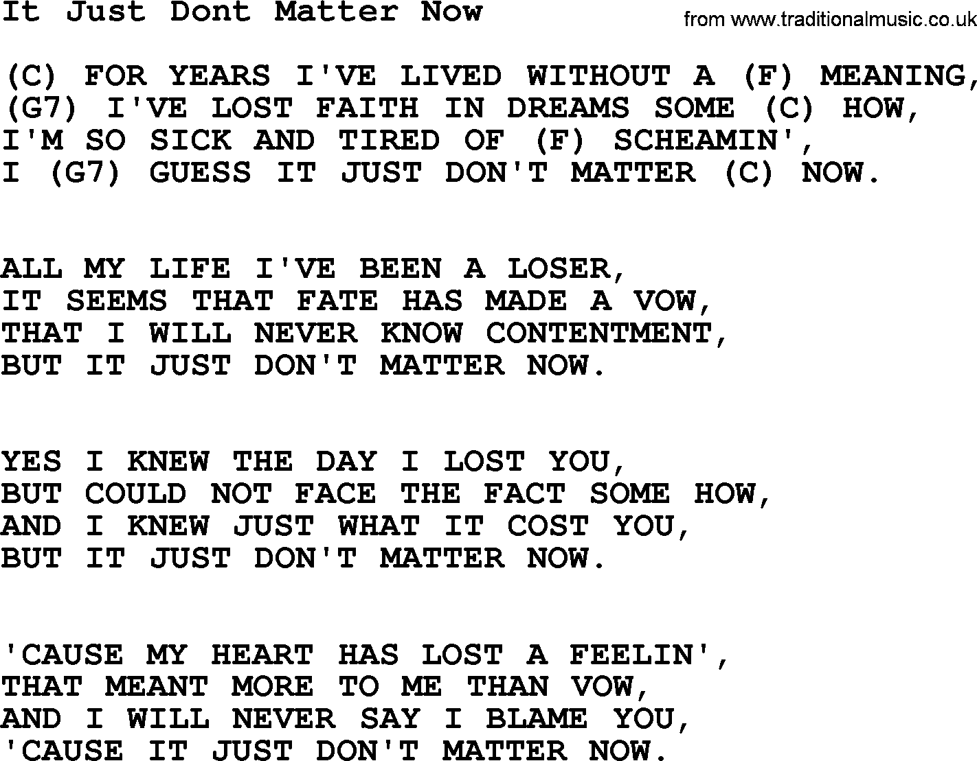 Hank Williams song It Just Dont Matter Now, lyrics and chords