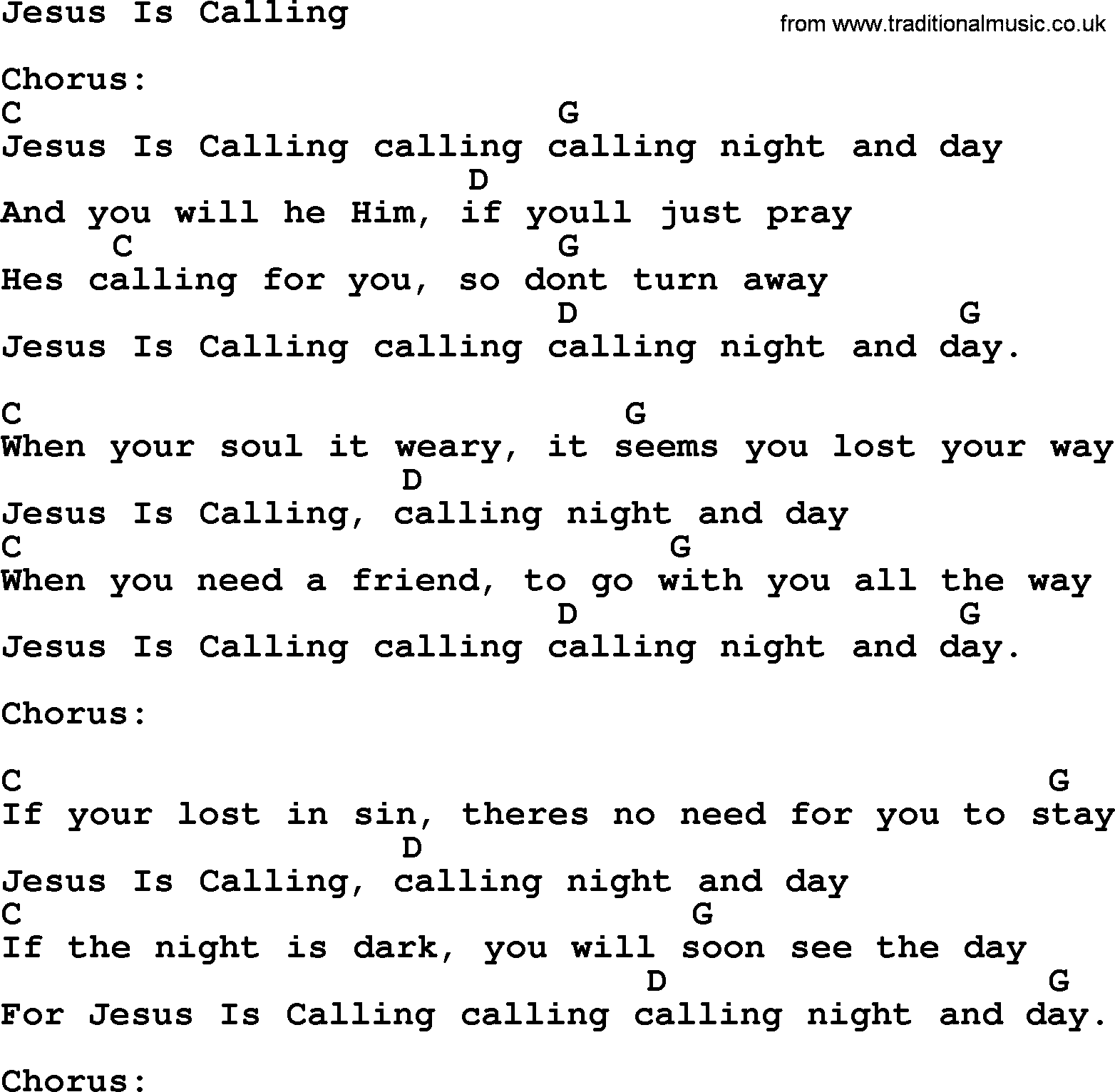 Hank Williams song Jesus Is Calling, lyrics and chords