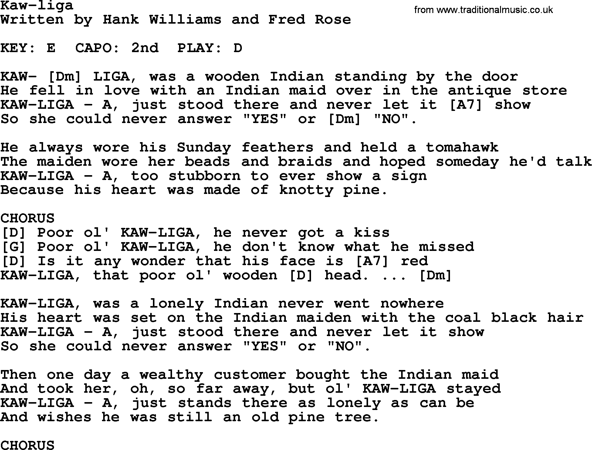 Hank Williams song Kaw liga, lyrics and chords