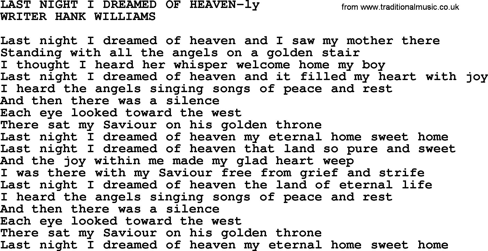 Hank Williams song Last Night I Dreamed Of Heaven, lyrics