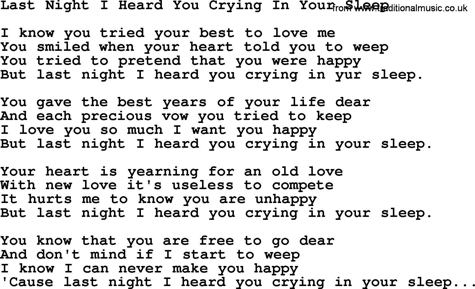 Hank Williams song Last Night I Heard You Crying In Your Sleep, lyrics
