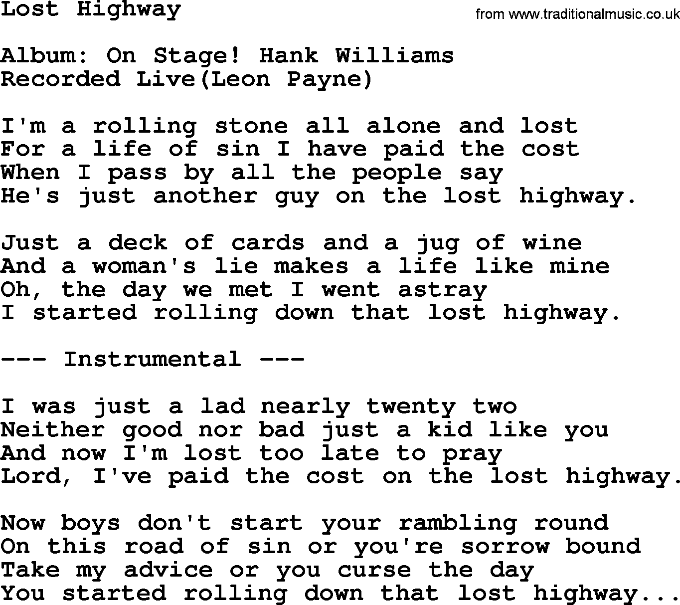 Hank Williams song Lost Highway, lyrics