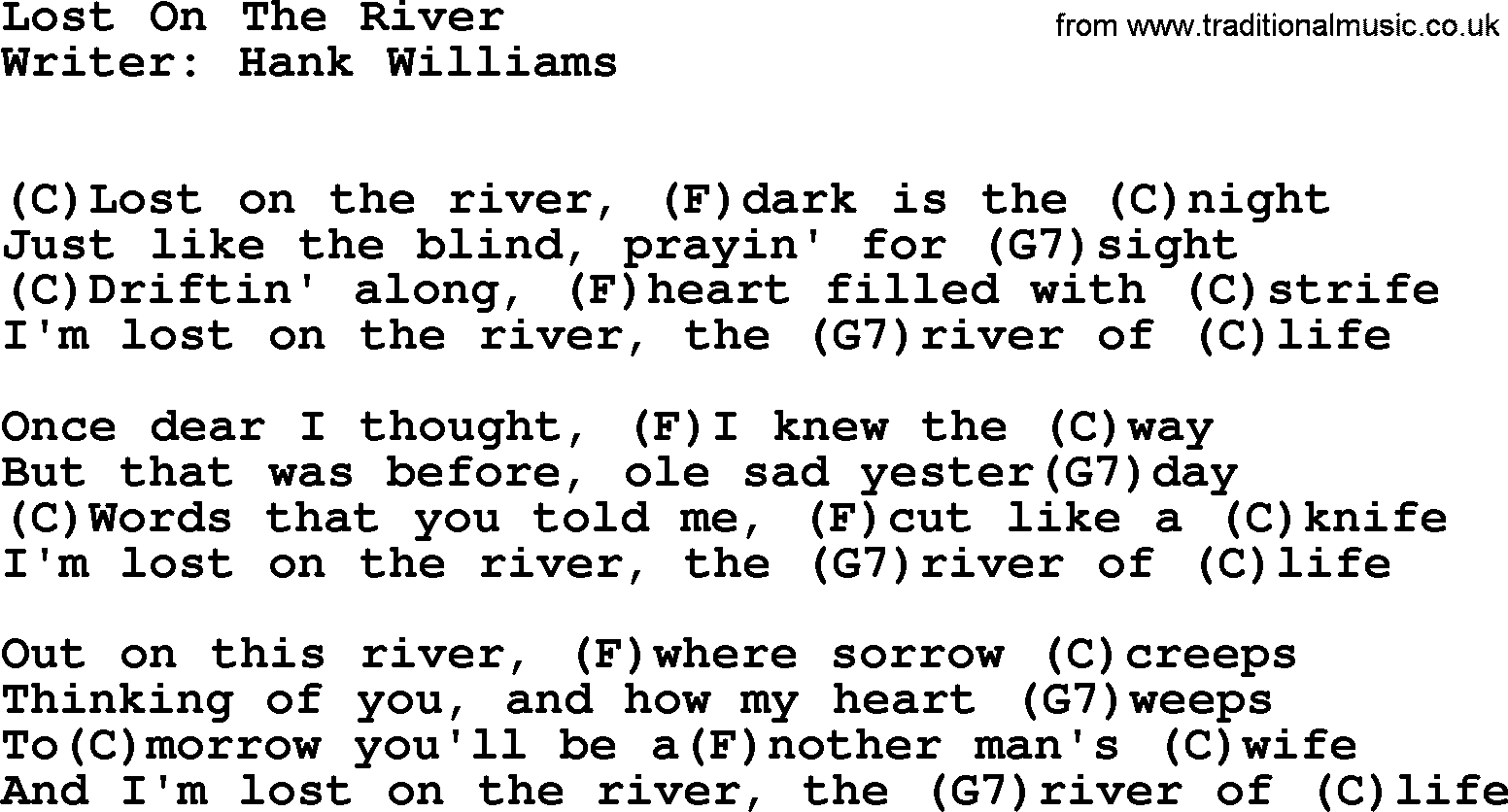 Hank Williams song Lost On The River, lyrics and chords