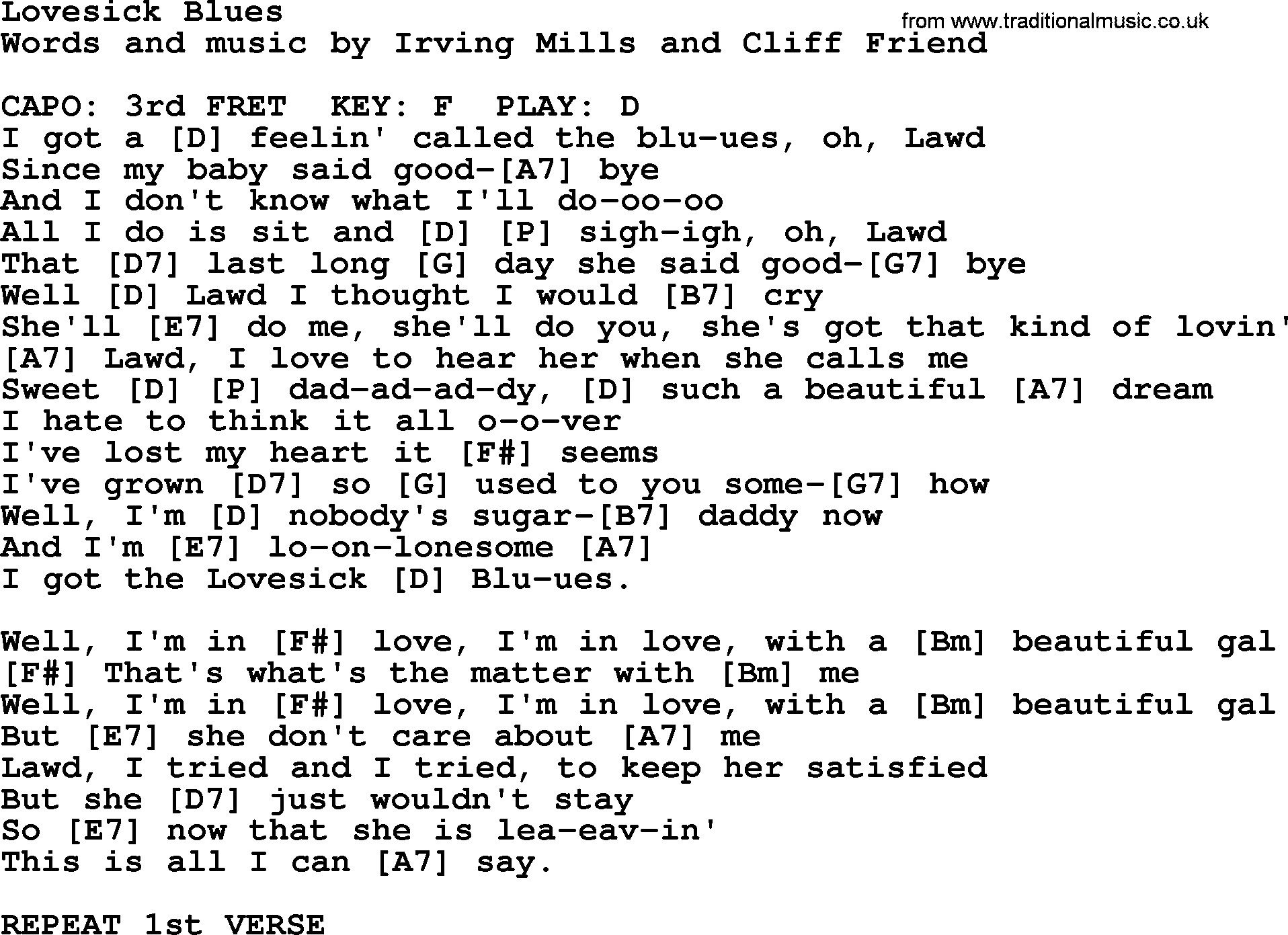 Hank Williams song Lovesick Blues, lyrics and chords