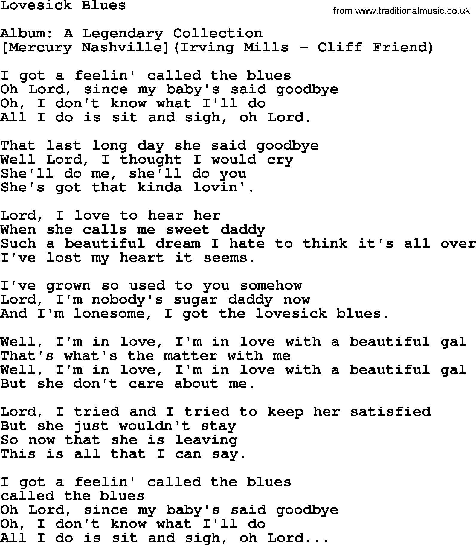 Hank Williams song Lovesick Blues, lyrics