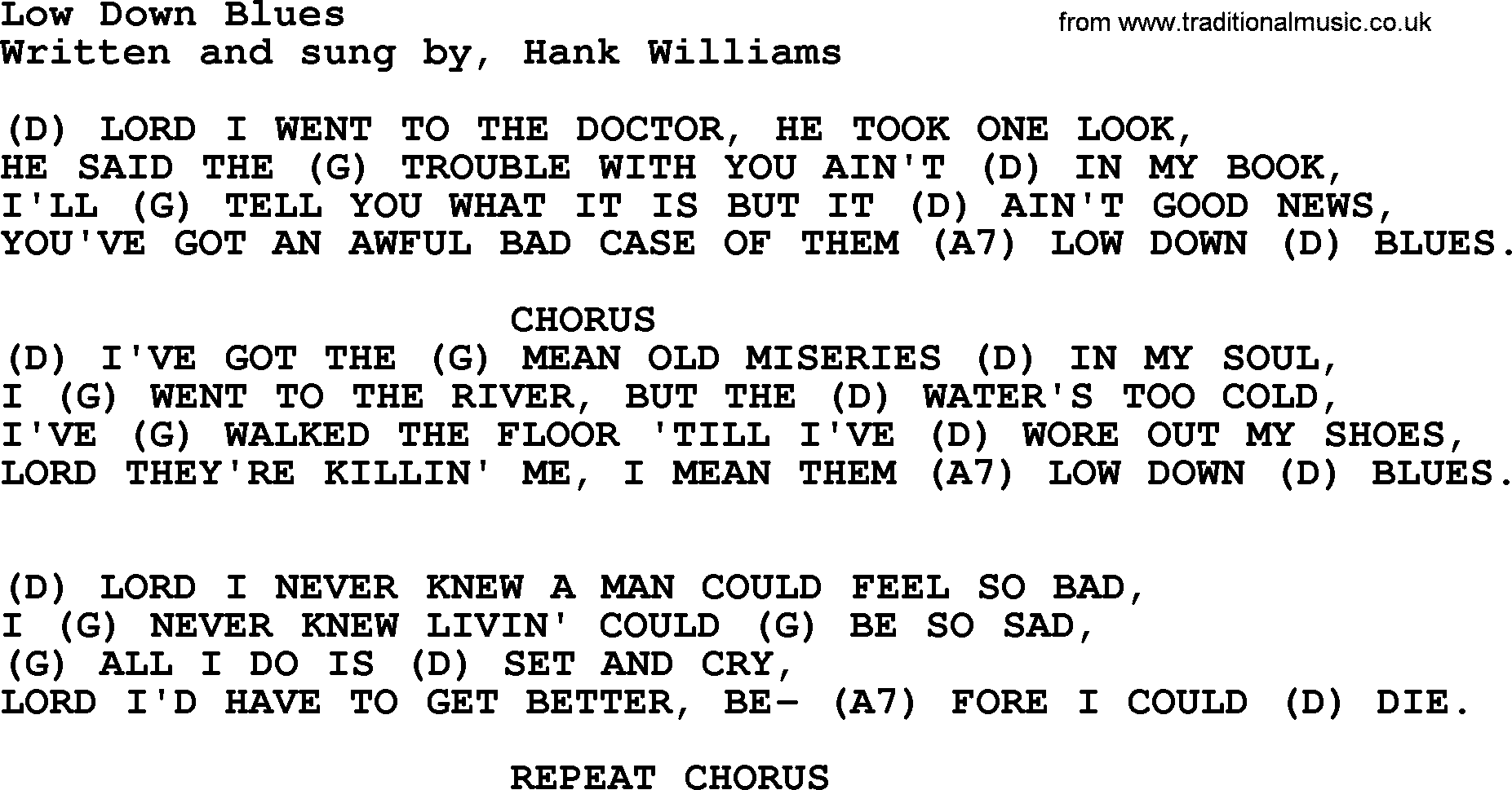Hank Williams song Low Down Blues, lyrics and chords
