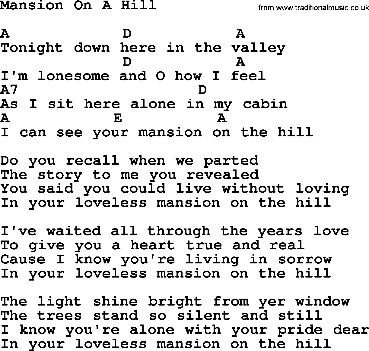 Hank Williams song Mansion On A Hill, lyrics and chords