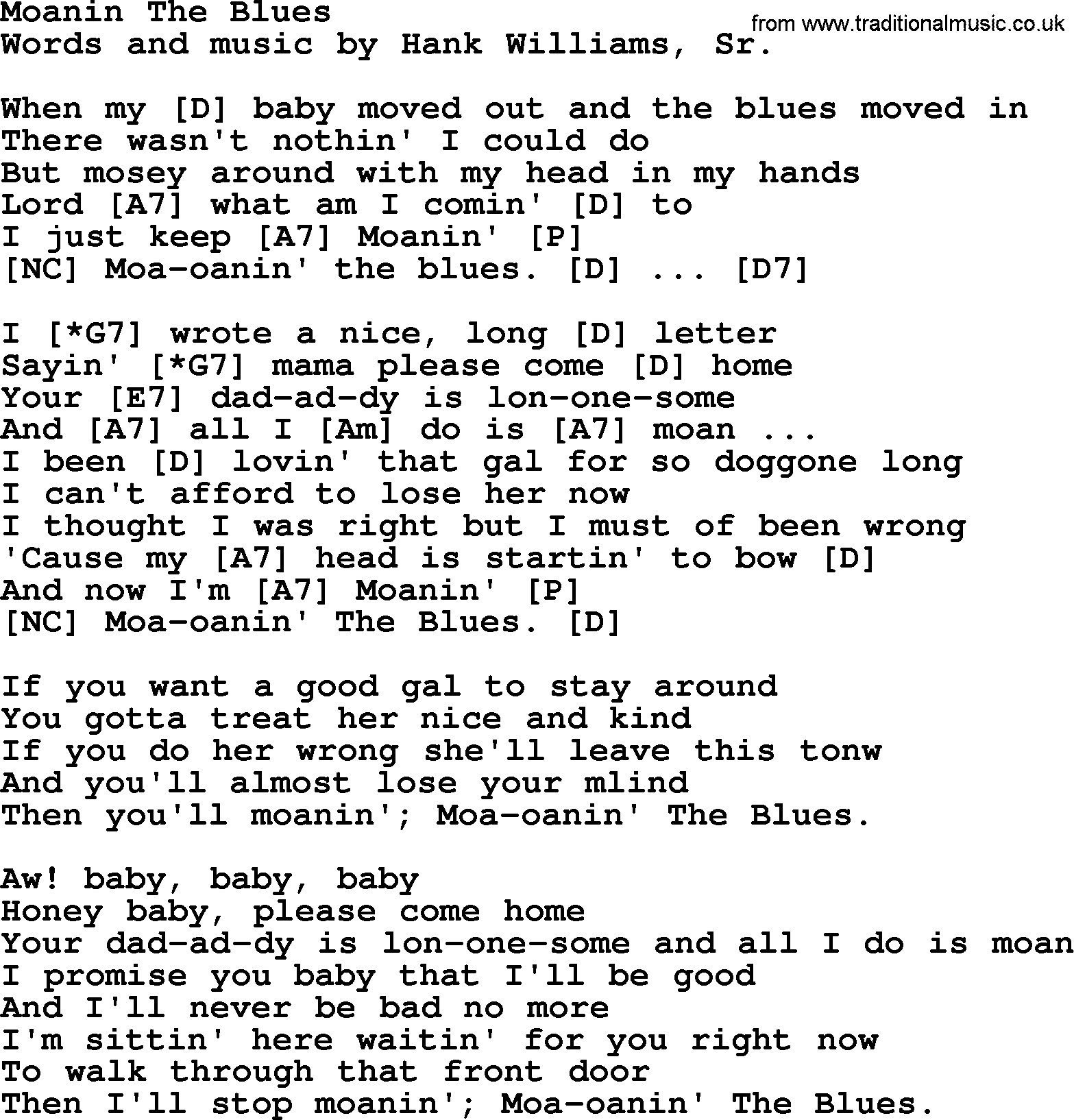 Hank Williams song Moanin The Blues, lyrics and chords
