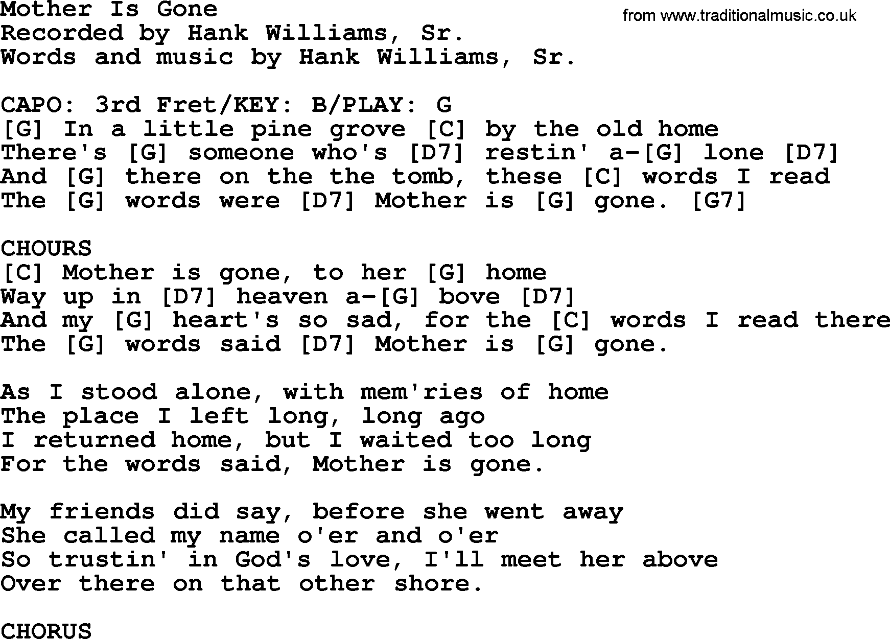 Hank Williams song Mother Is Gone, lyrics and chords