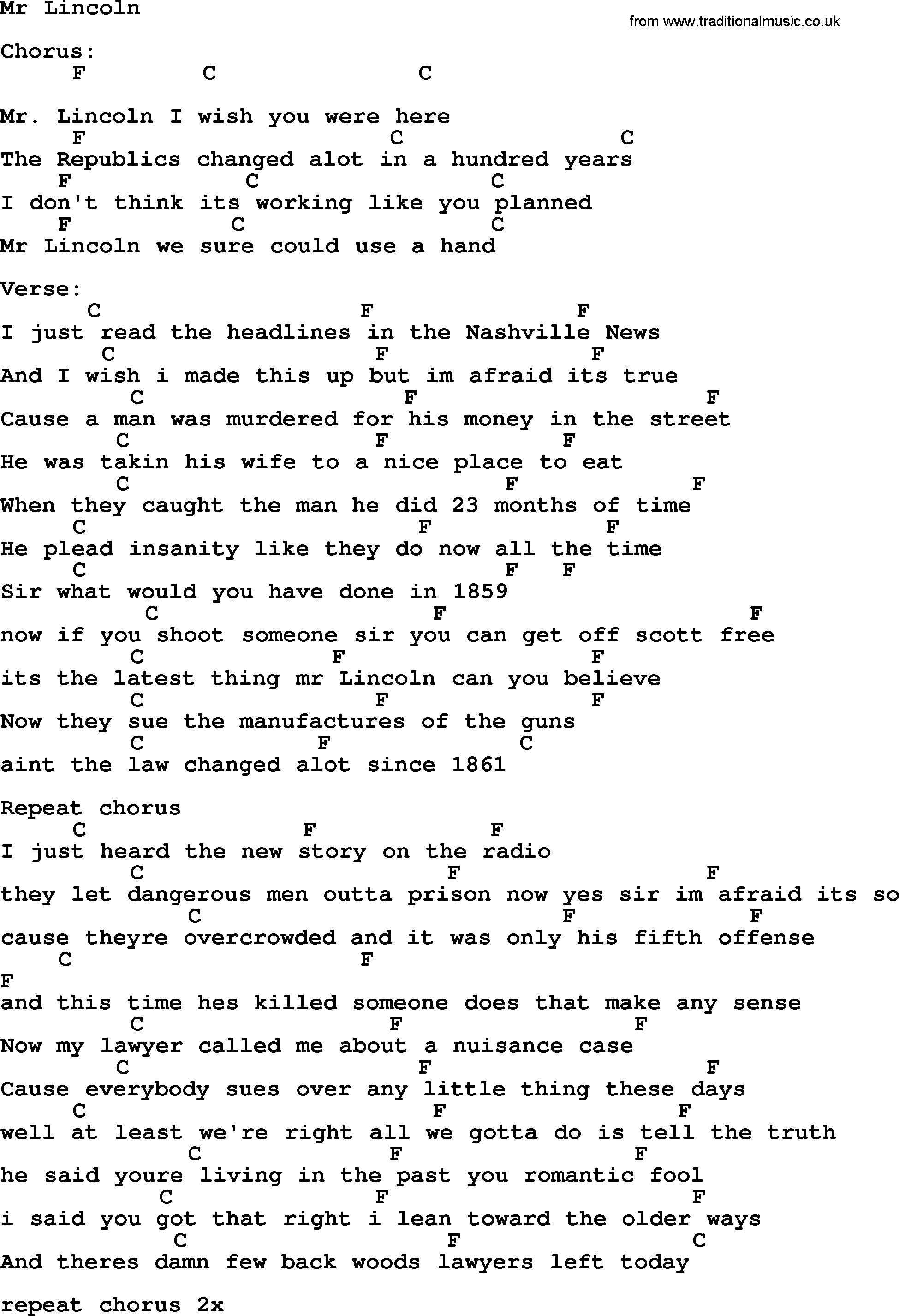 Hank Williams song Mr Lincoln, lyrics and chords