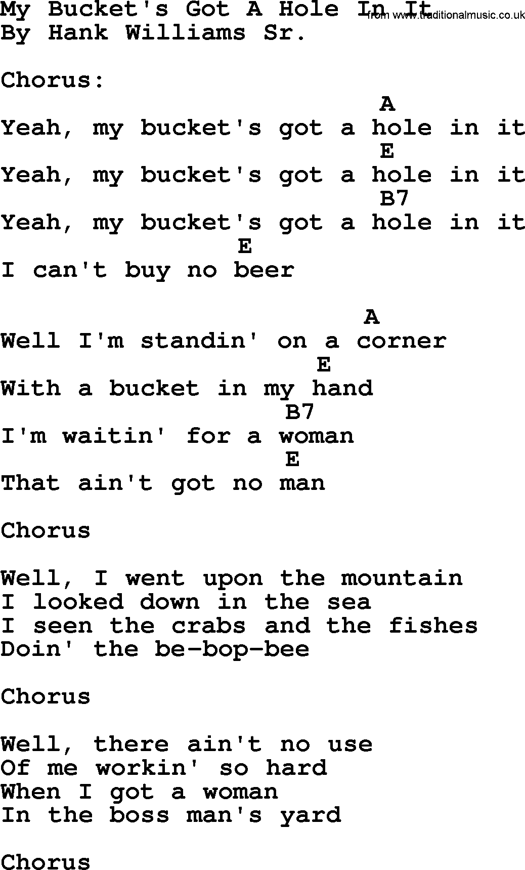 Hank Williams song My Bucket's Got A Hole In It, lyrics and chords