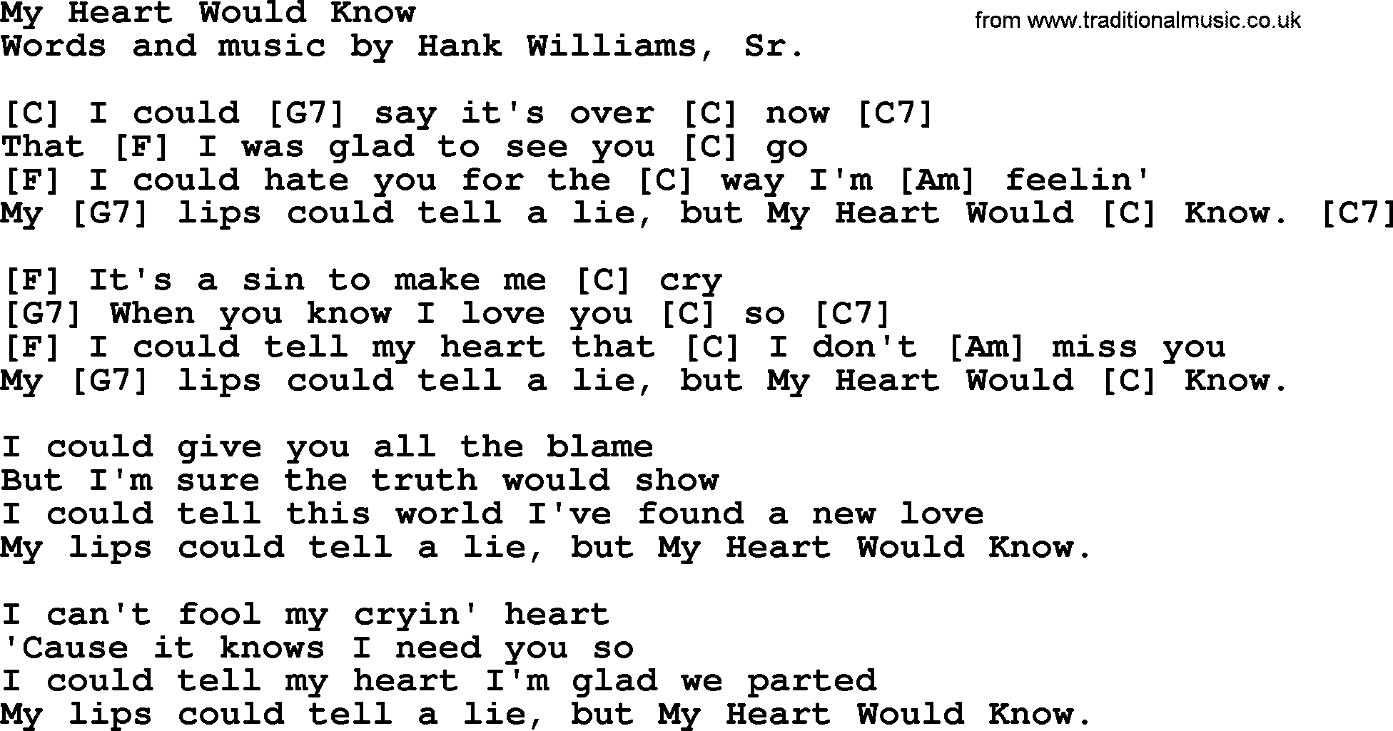 Hank Williams song My Heart Would Know, lyrics and chords