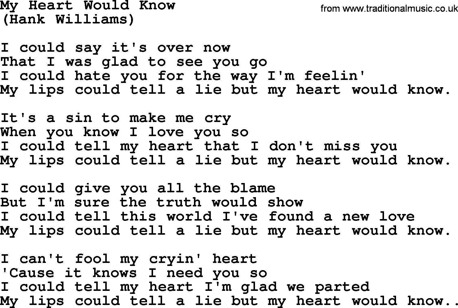 Hank Williams song My Heart Would Know, lyrics